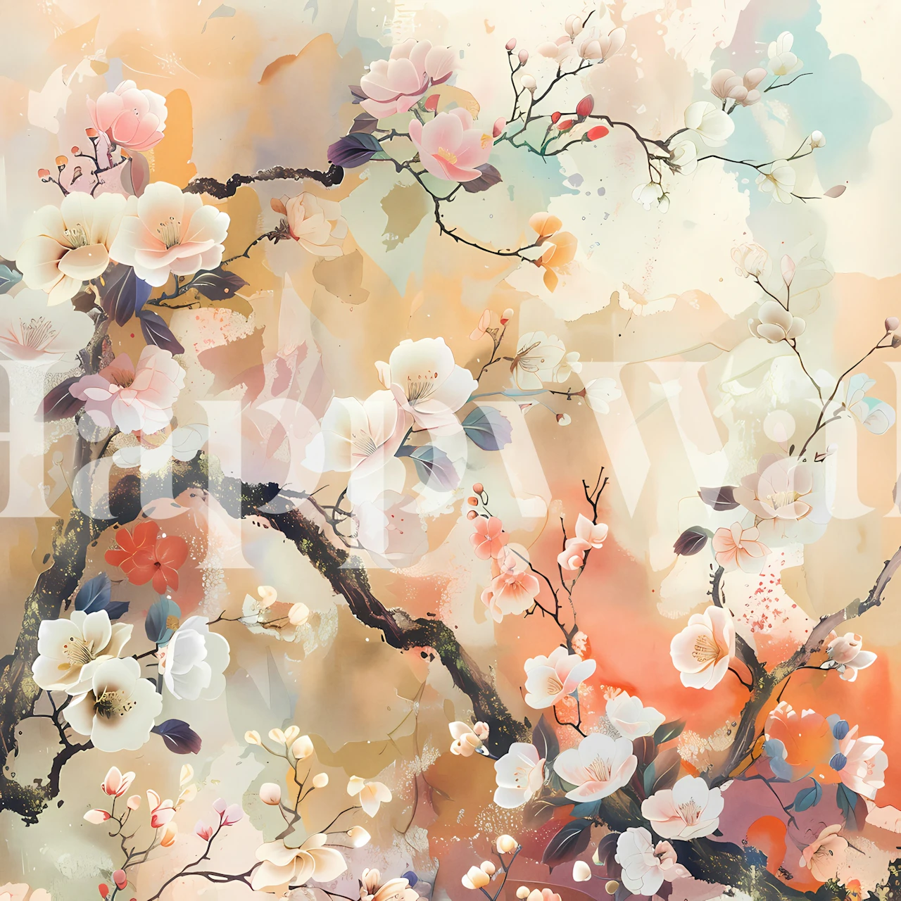 Blossoming spring flowers wall mural featuring soft pastels
