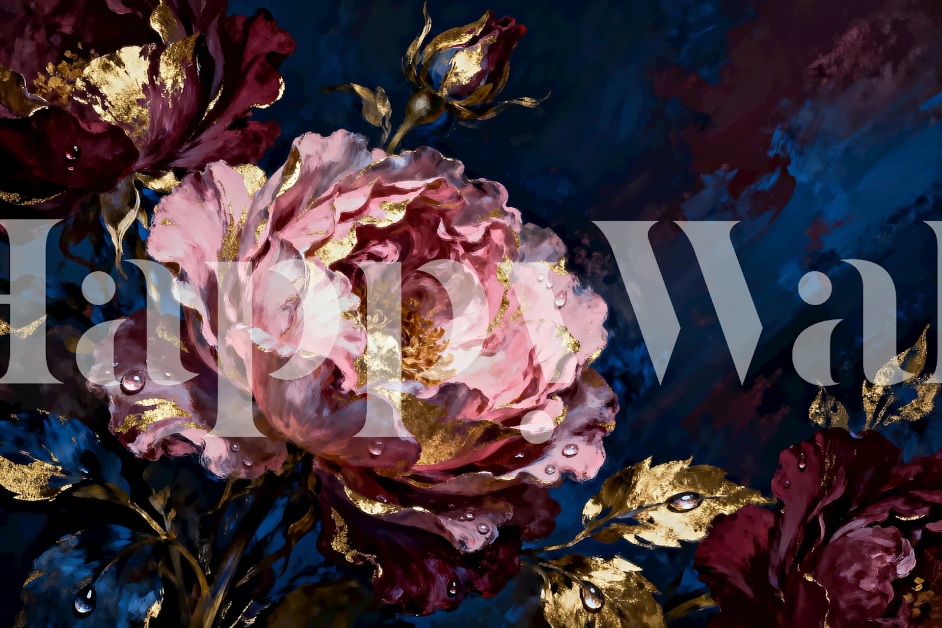 Floral garden scene with a path, grey and pink colors, illustrative wallpaper