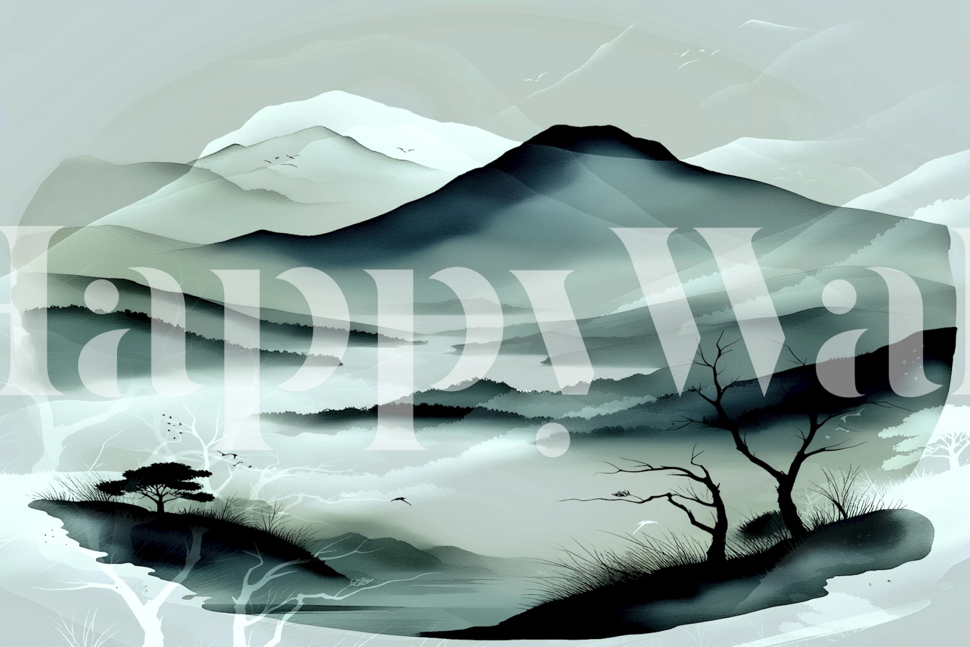 Moody mountains with mist and trees in blue and grey wallpaper