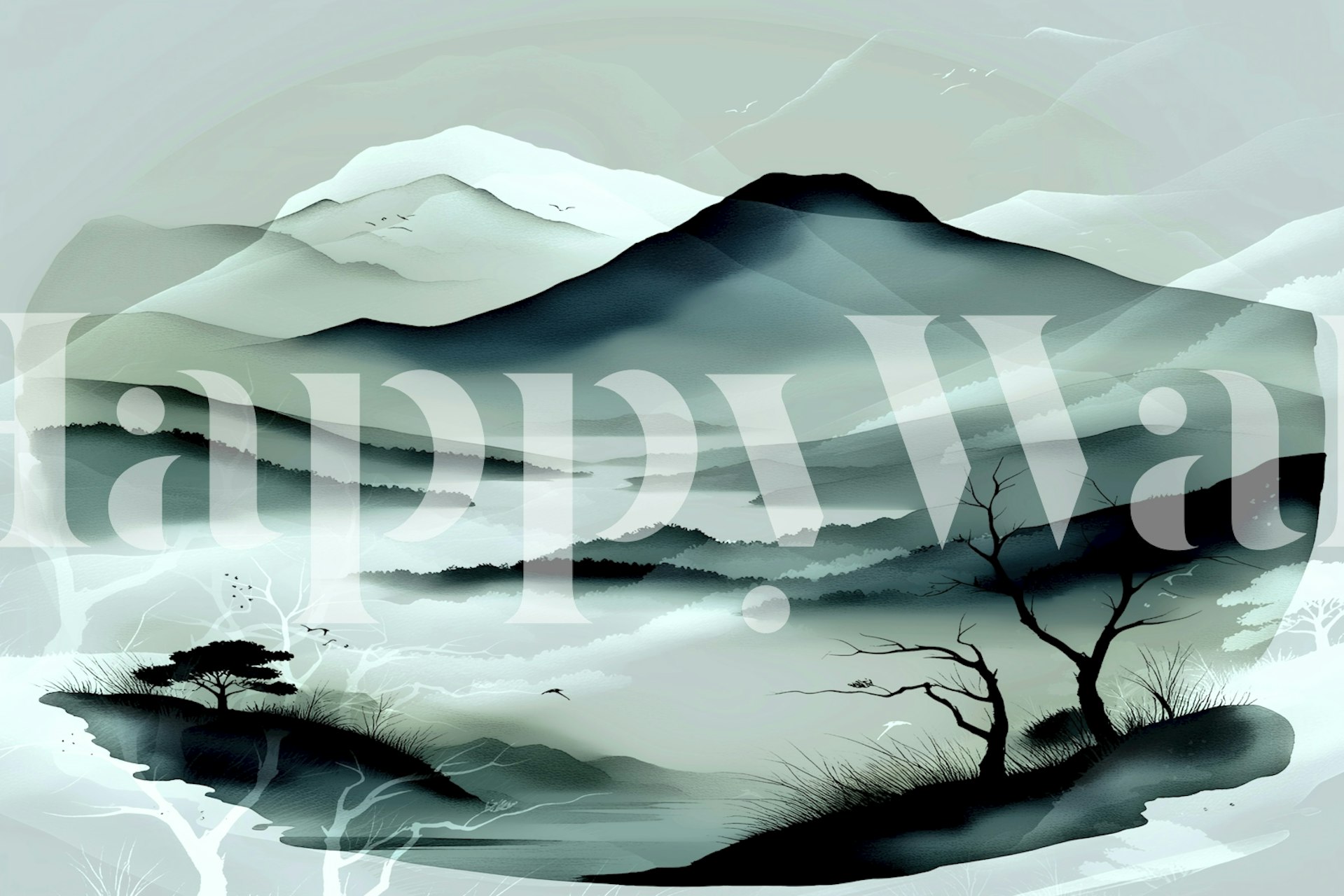 Moody mountains with mist and trees in blue and grey wallpaper