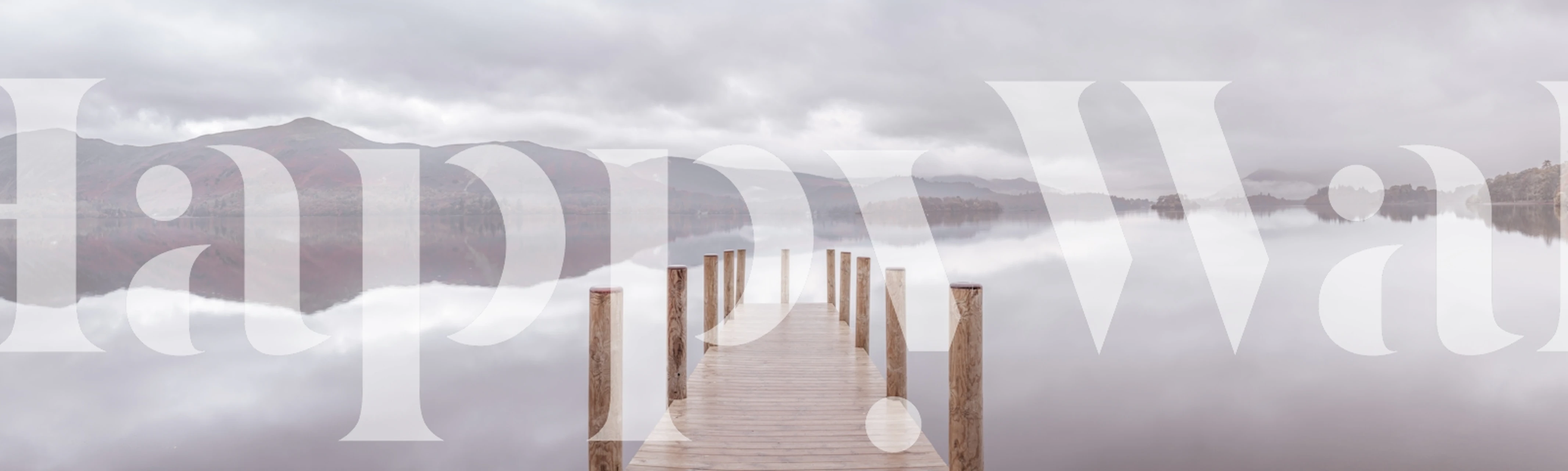 Scenic lake view with wooden pier and mountains in soft colors wallpaper