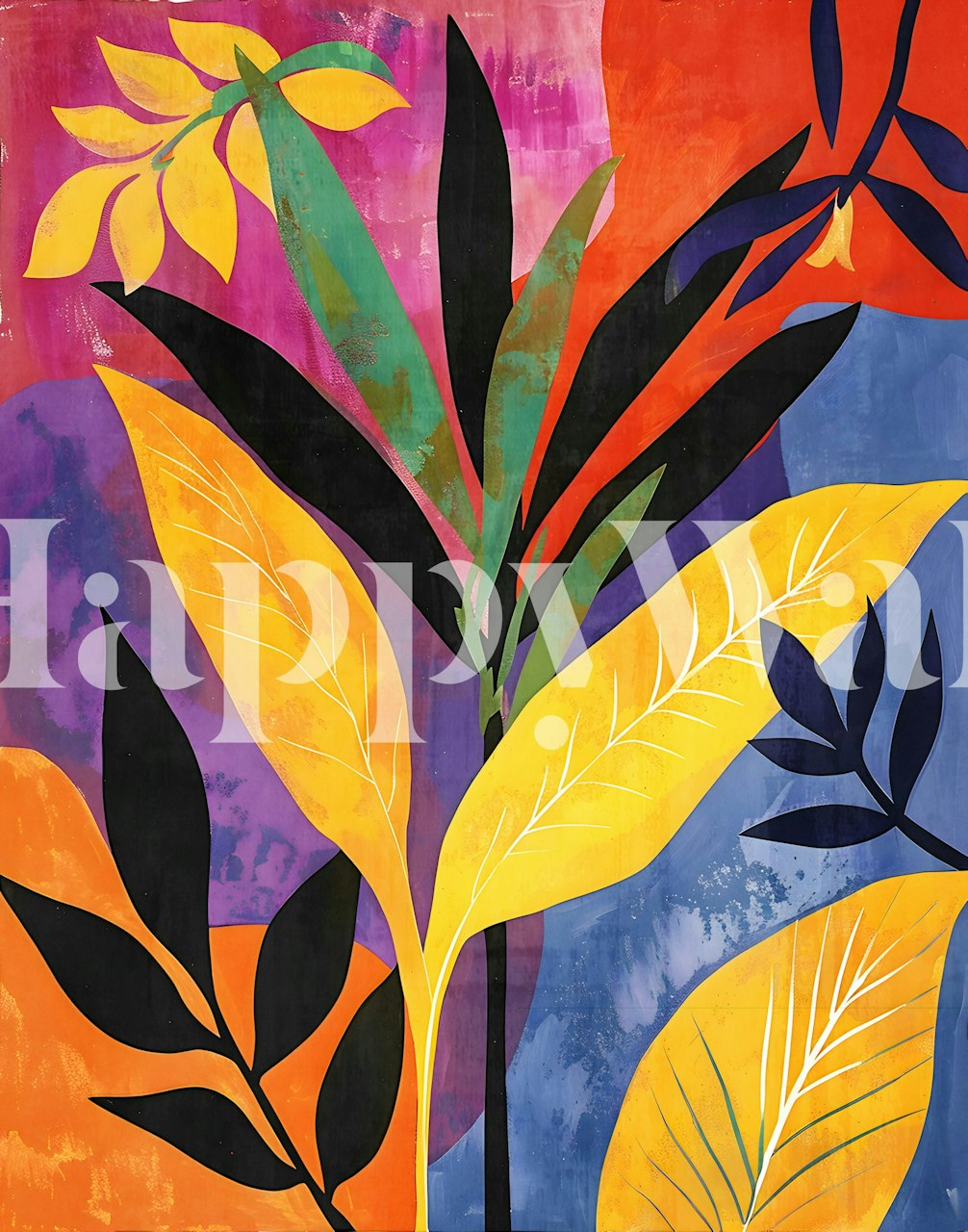 Kleurrijk fotobehang met tuinthema en gestileerde planten