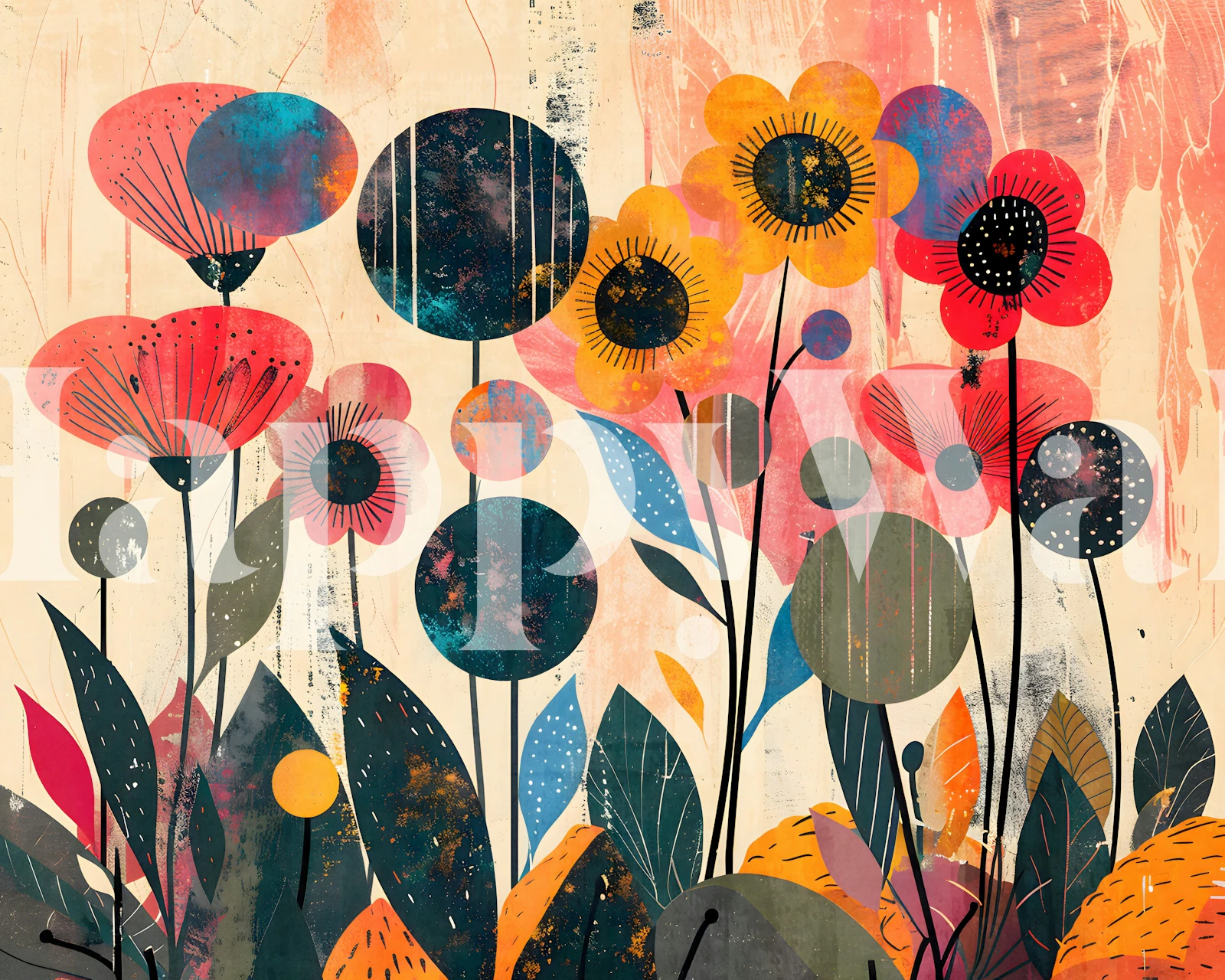 Colorful flowers and leaves in vibrant hues on textured background wallpaper