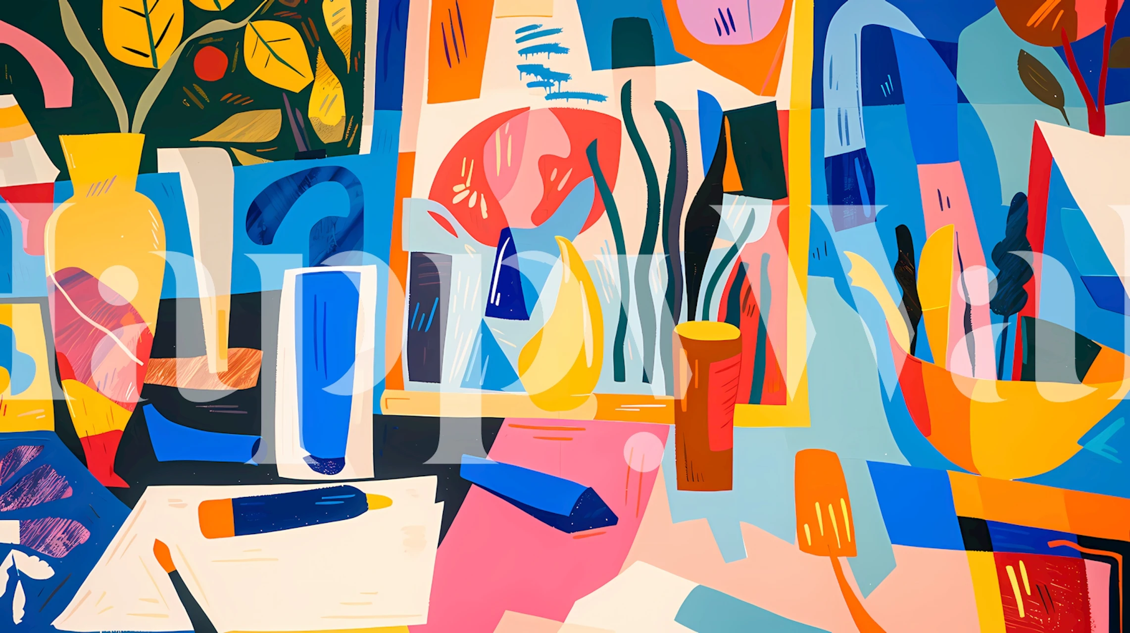 Colorful abstract patterns with vases and plants wallpaper