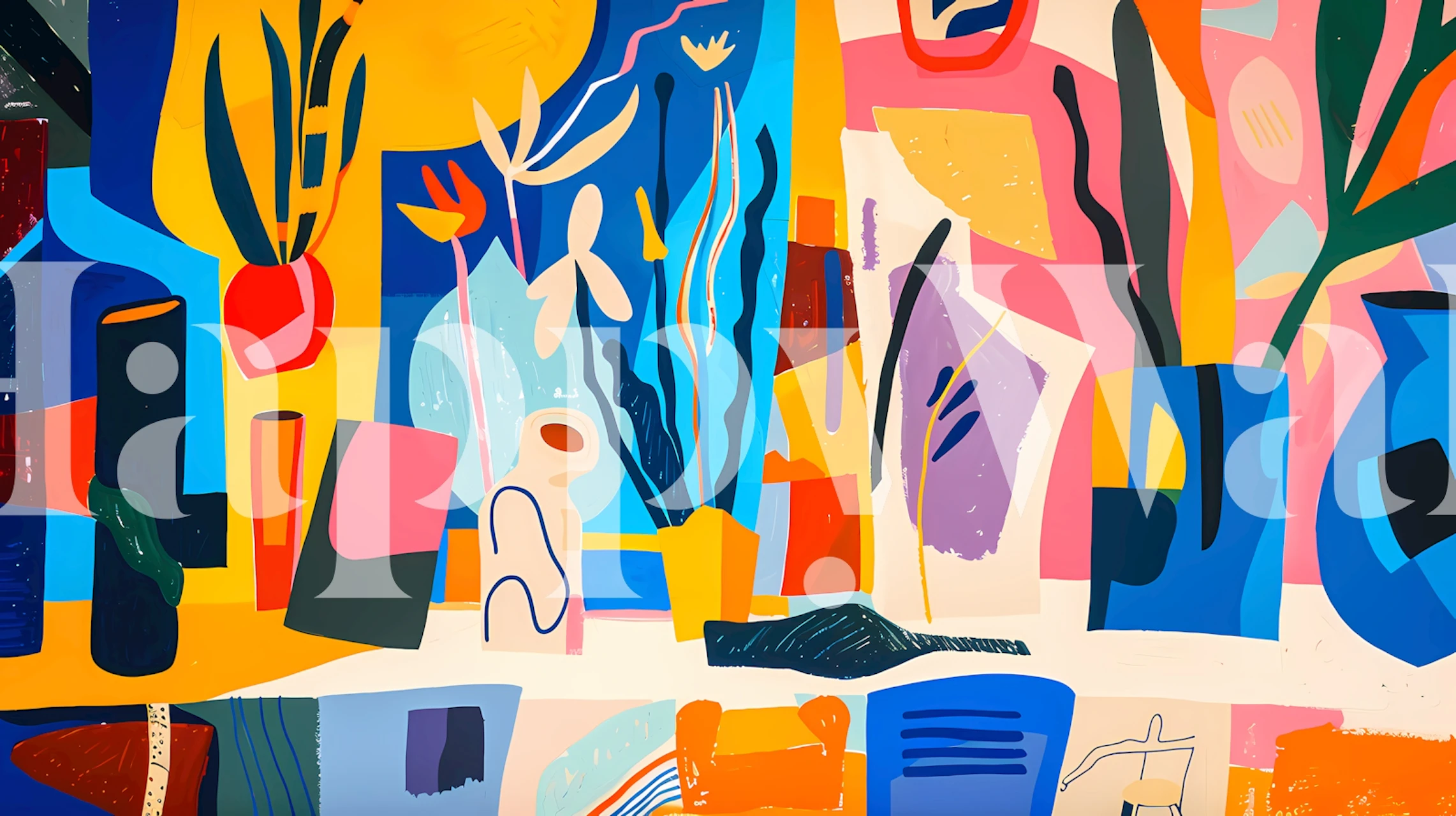 Abstract floral wallpaper in vibrant colors with various plant shapes and designs