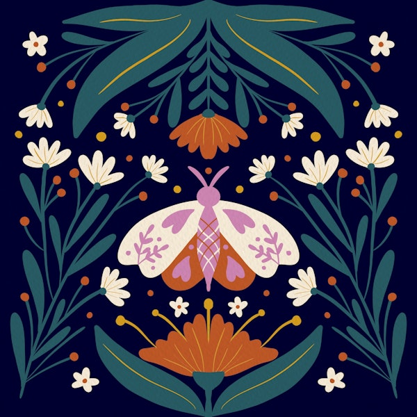 Folk art moth orange and cream