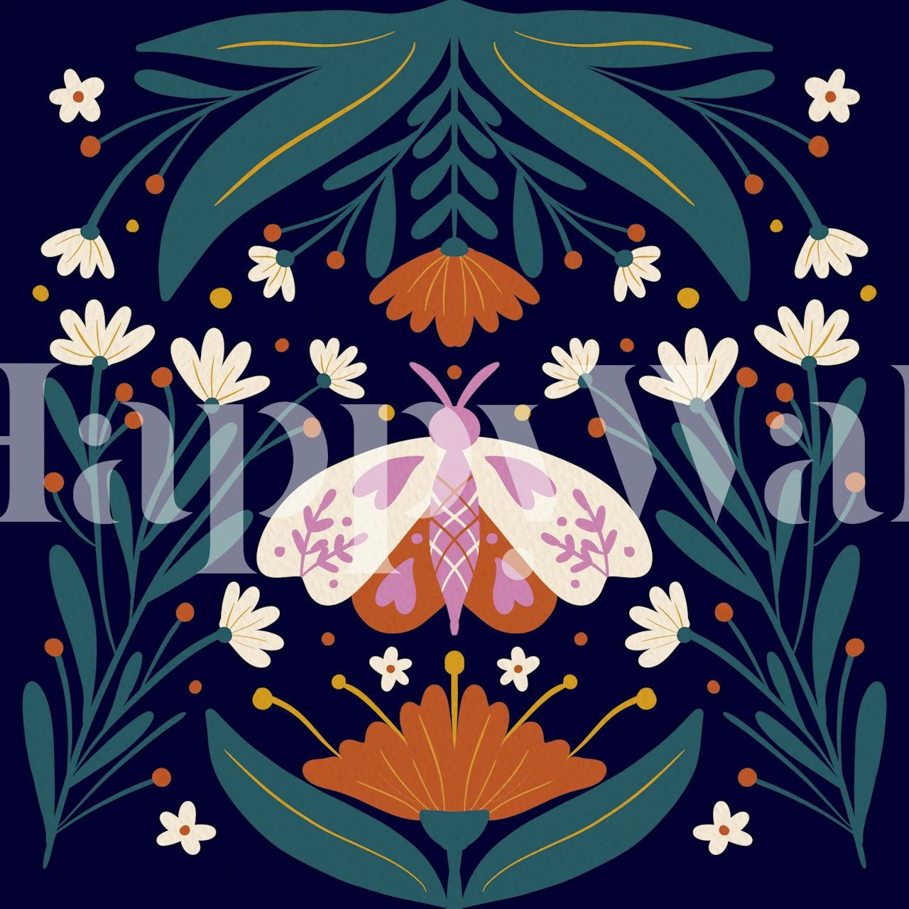 Folk art moth wallpaper i et rom