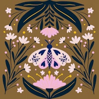 Folk art moth Golden Brown and Pink behang