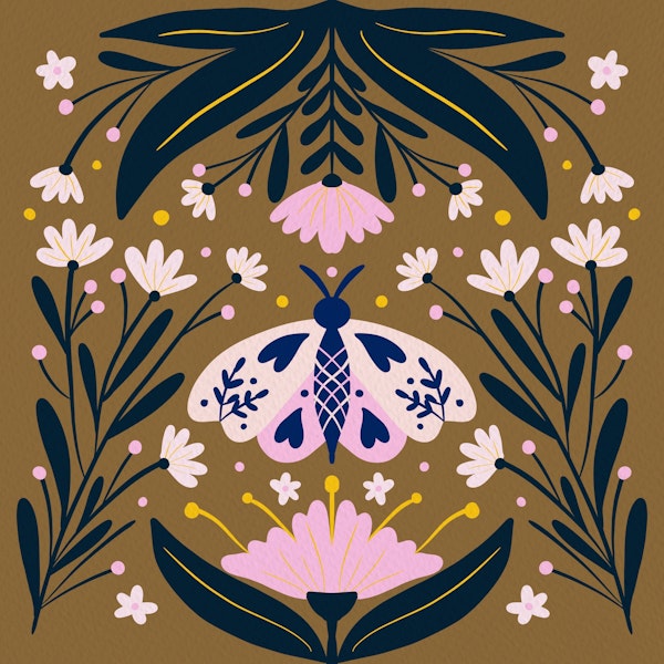 Folk art moth Golden Brown and Pink