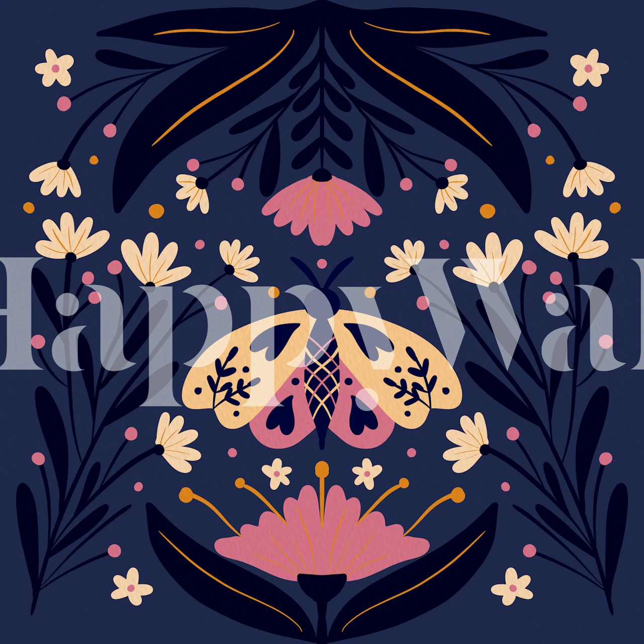 Folk Art Moth wallpaper in a decorative room