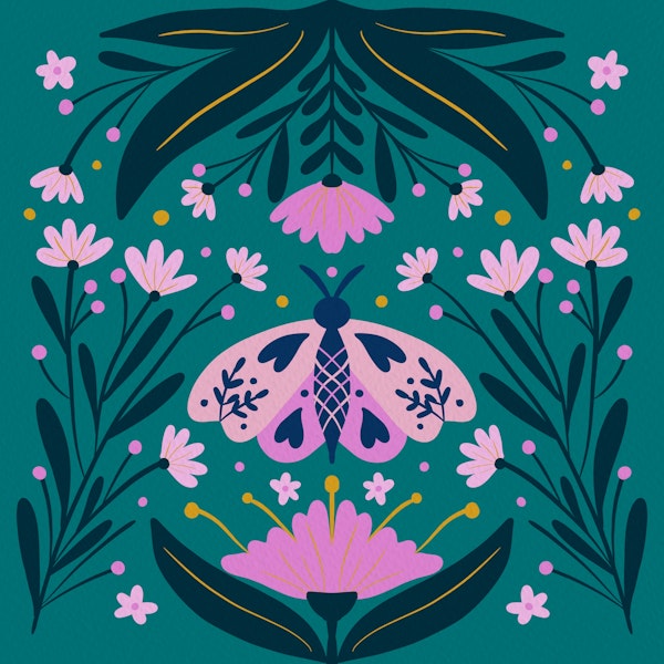 Folk Art Moth Pink and Teal