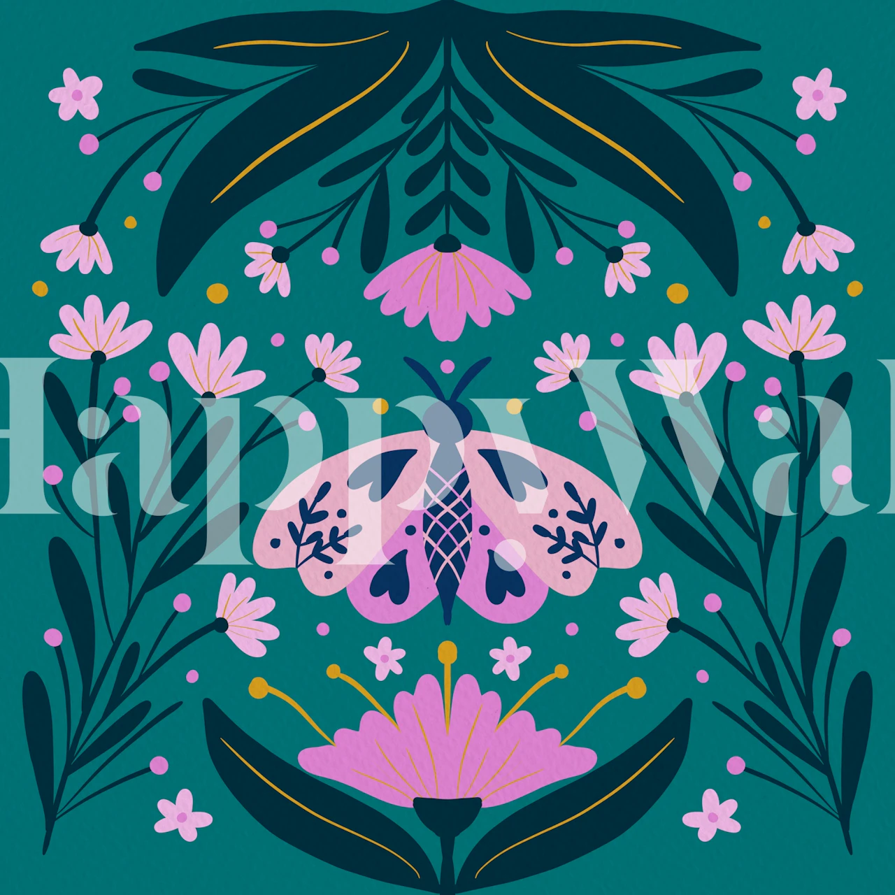 Pink moth and flower pattern on teal background wallpaper