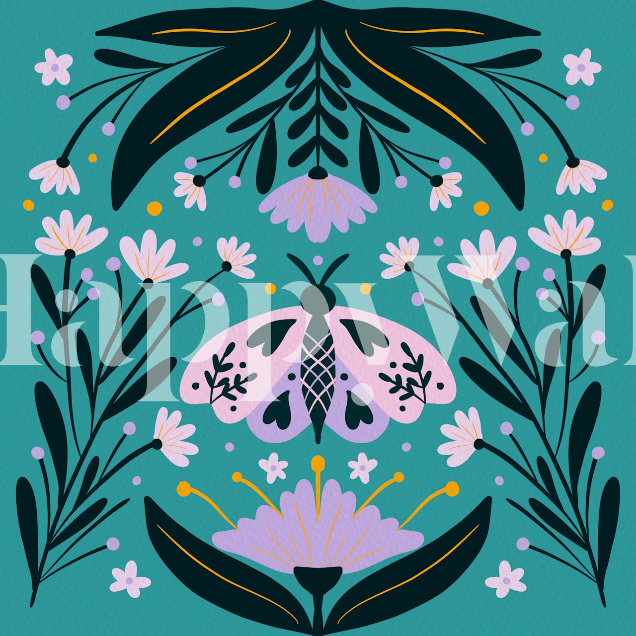 Folk Art Moth wallpaper in a room setting