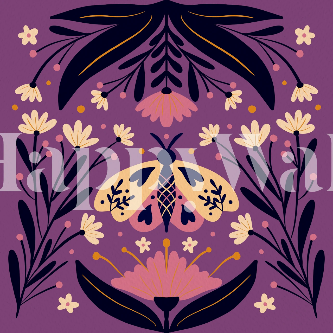 Folk Art Moth behang in een kamersetting