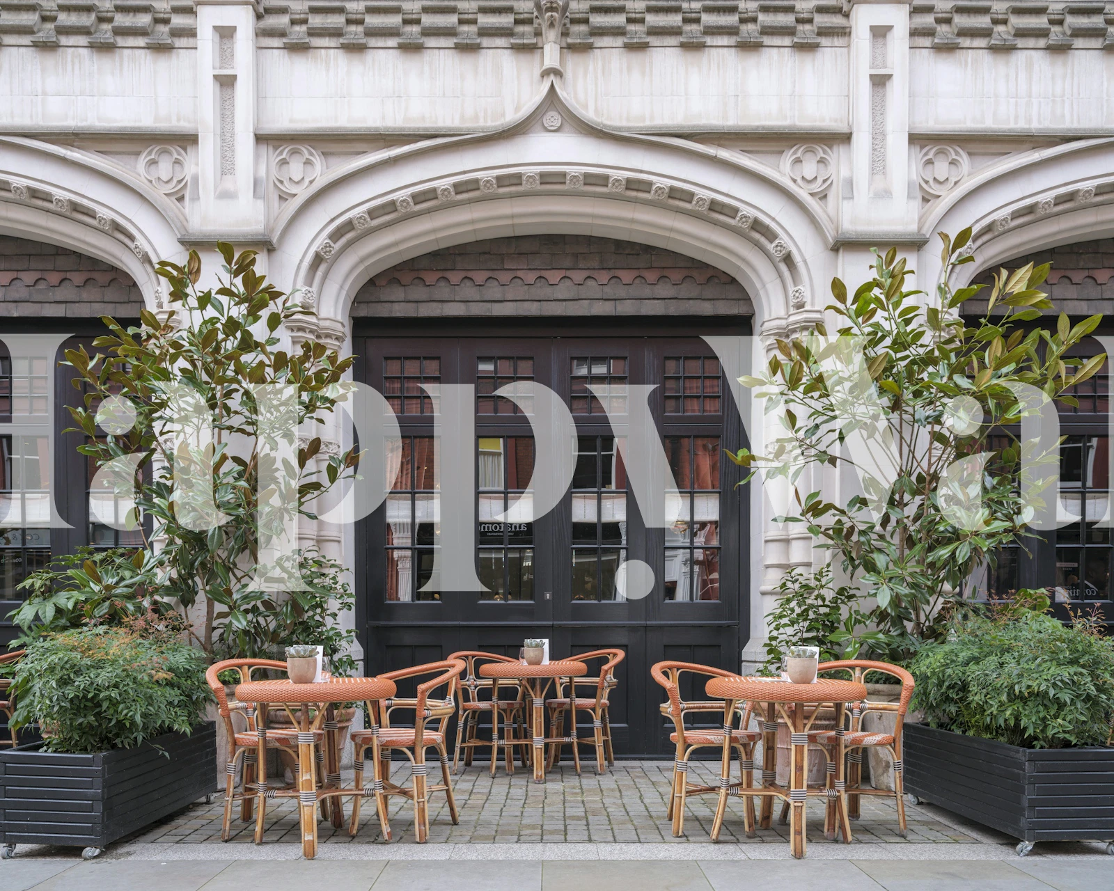 Cafe exterior with black and white architecture wallpaper