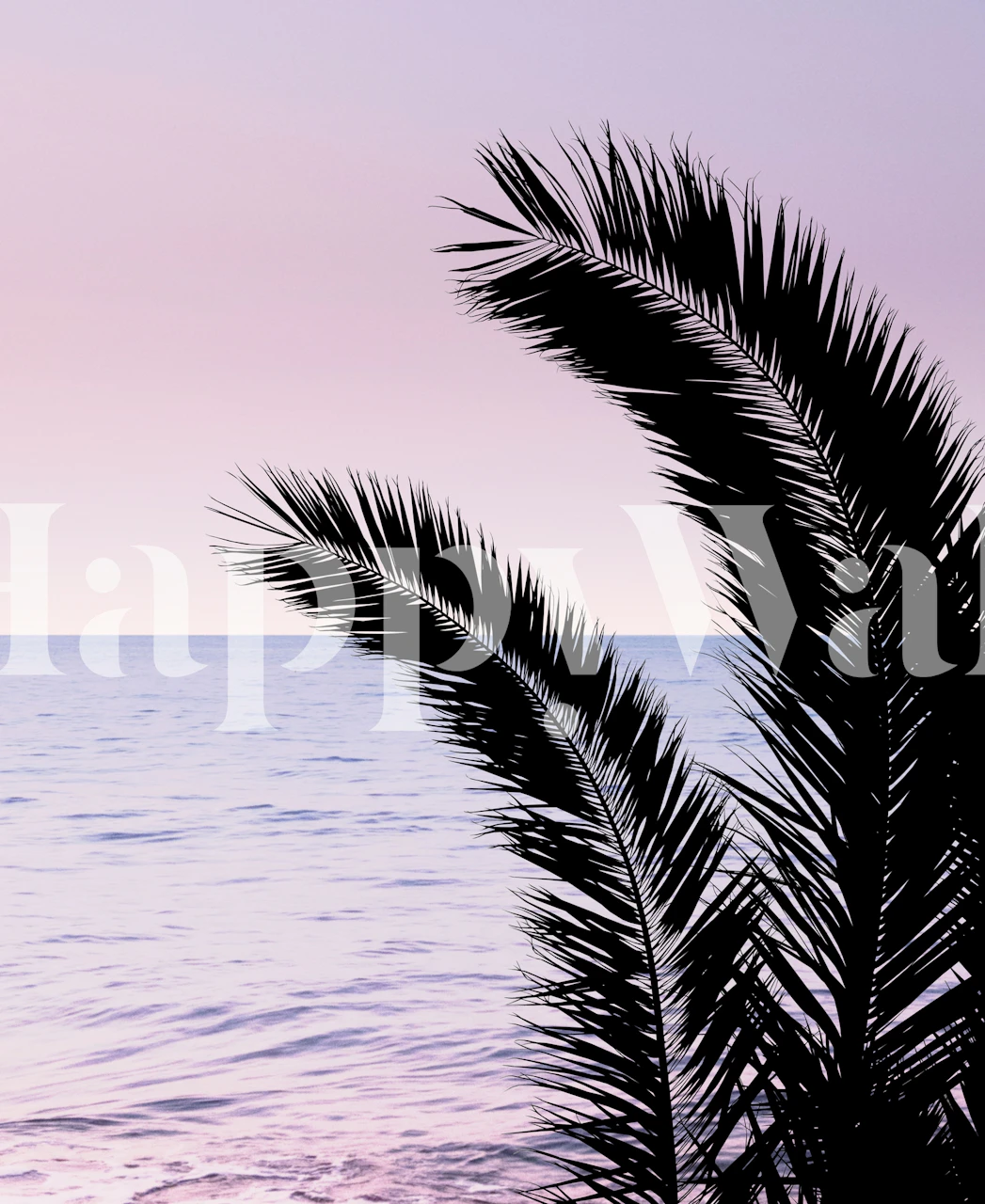 Silhouette of palm leaves with a pink and purple sunset over the ocean in the Palm Ocean Dream 1 wall mural.