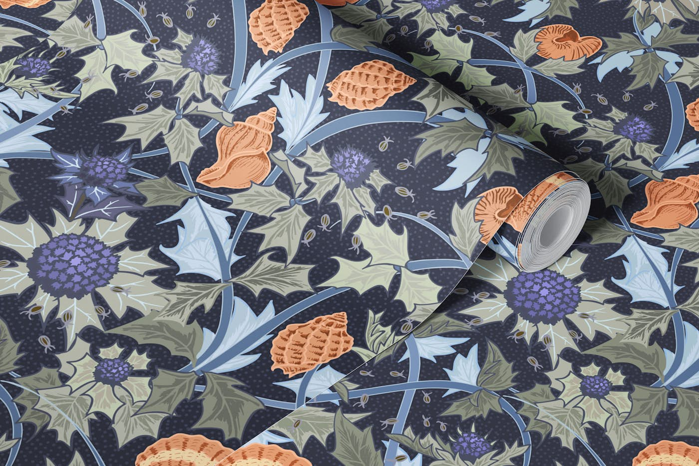 Beach thistle and shells dark navy wallpaper roll