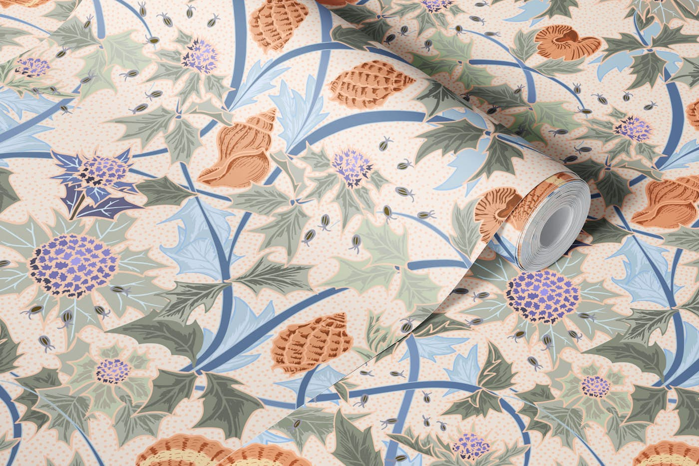 Beach thistle and shells soft peach wallpaper roll