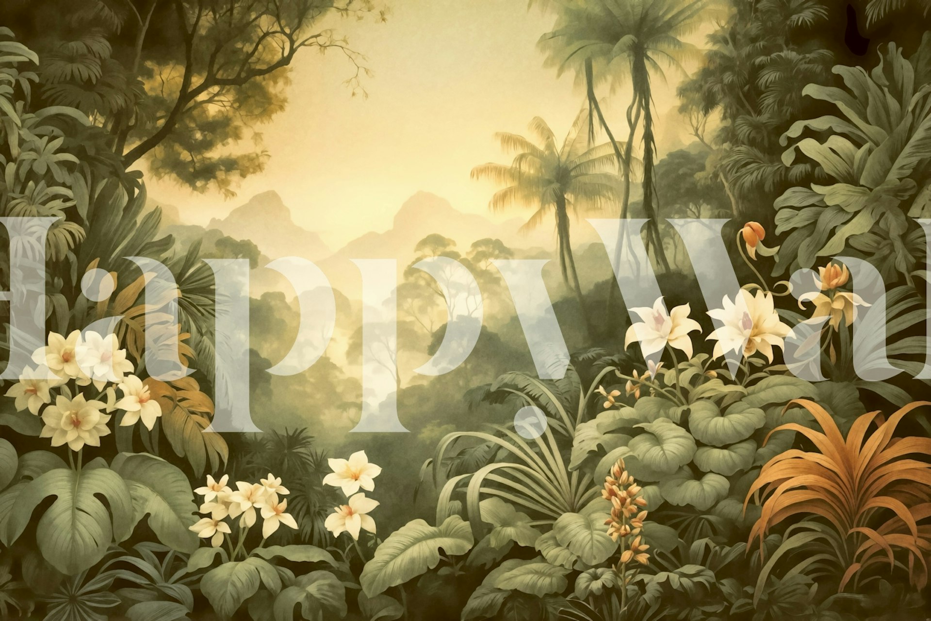 Lush green palm trees and flowers in tropical sunset wallpaper