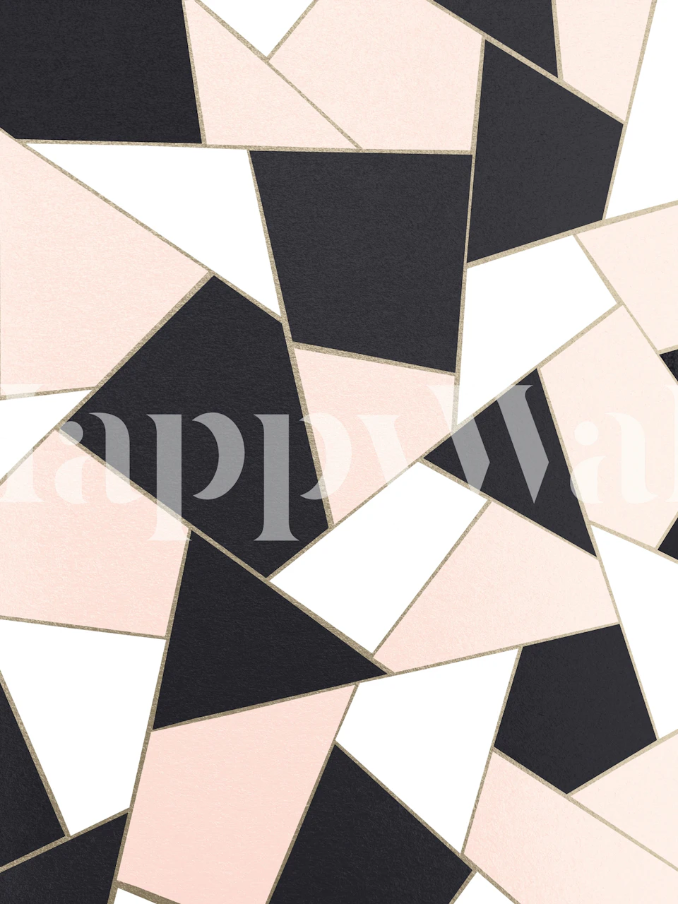Geometric patterned wallpaper in blush pink, black, and white