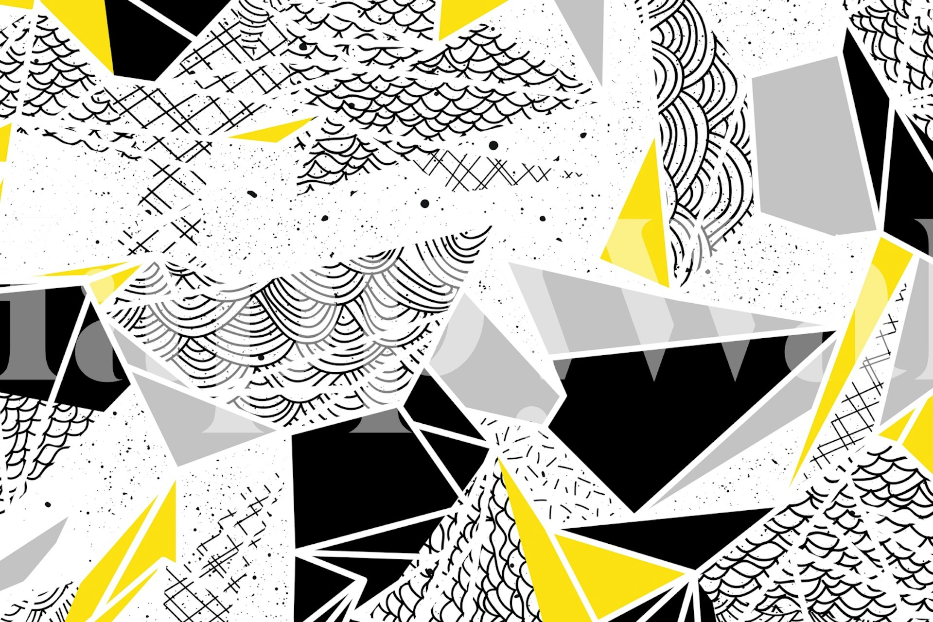 Papel tapiz de formas geométricas modernas con patrones abstractos dinámicos en negro, blanco y amarillo