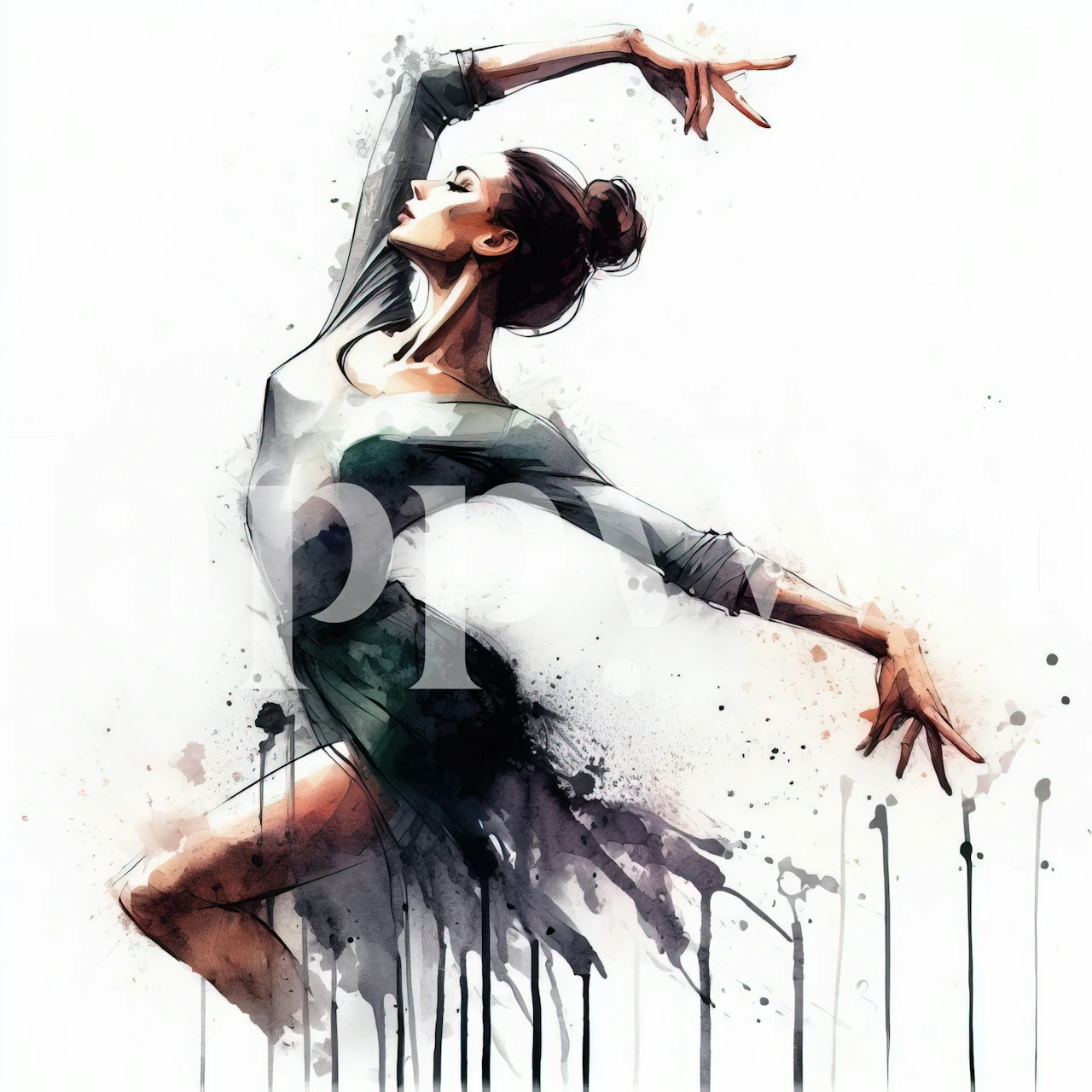 Artistic watercolor wall mural of a ballet dancer in motion