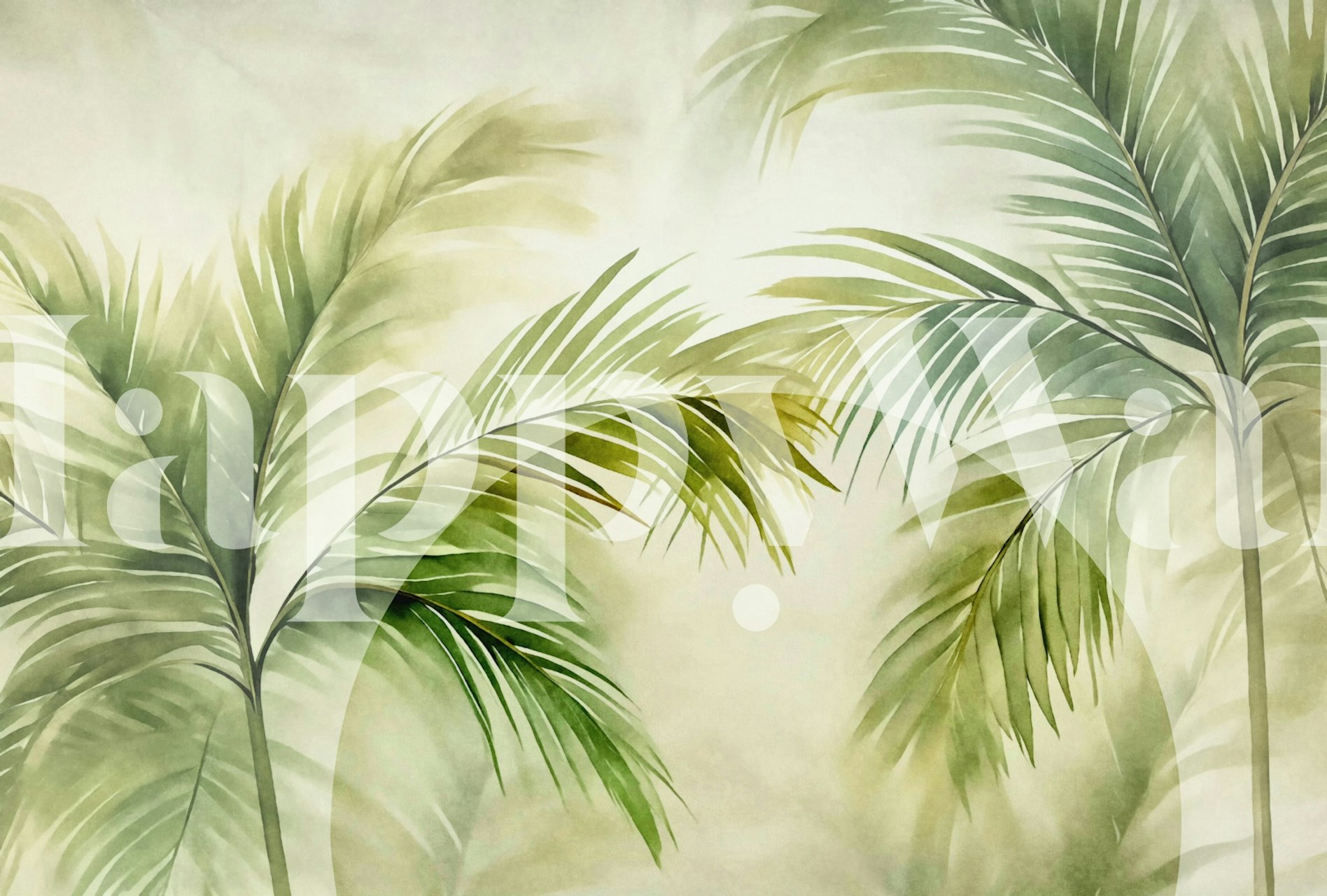 Akvarelová fototapeta Tropical Palm Cove Morning s měkkými zelenými palmovými listy na jemném krémovém pozadí