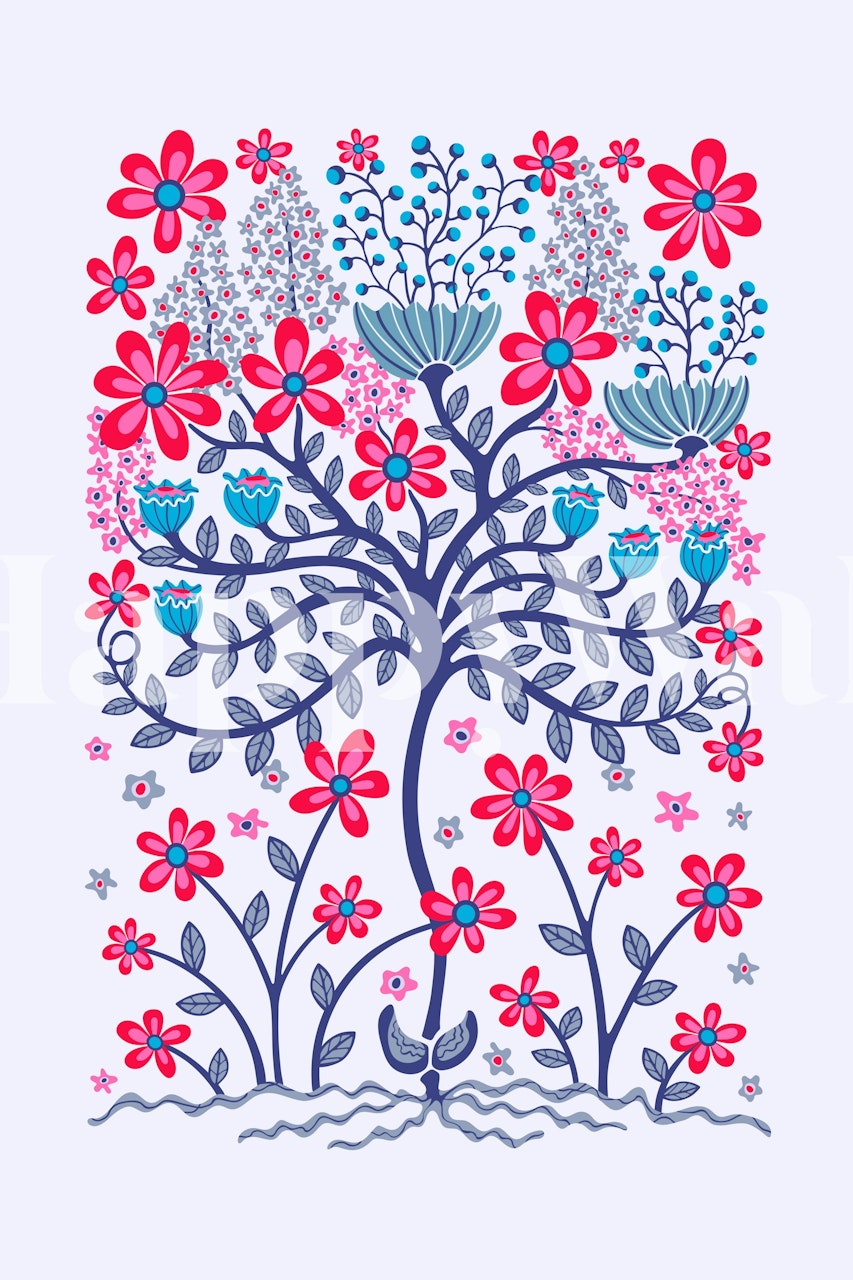 Vintage floral tree design with lavender and pink flowers wallpaper