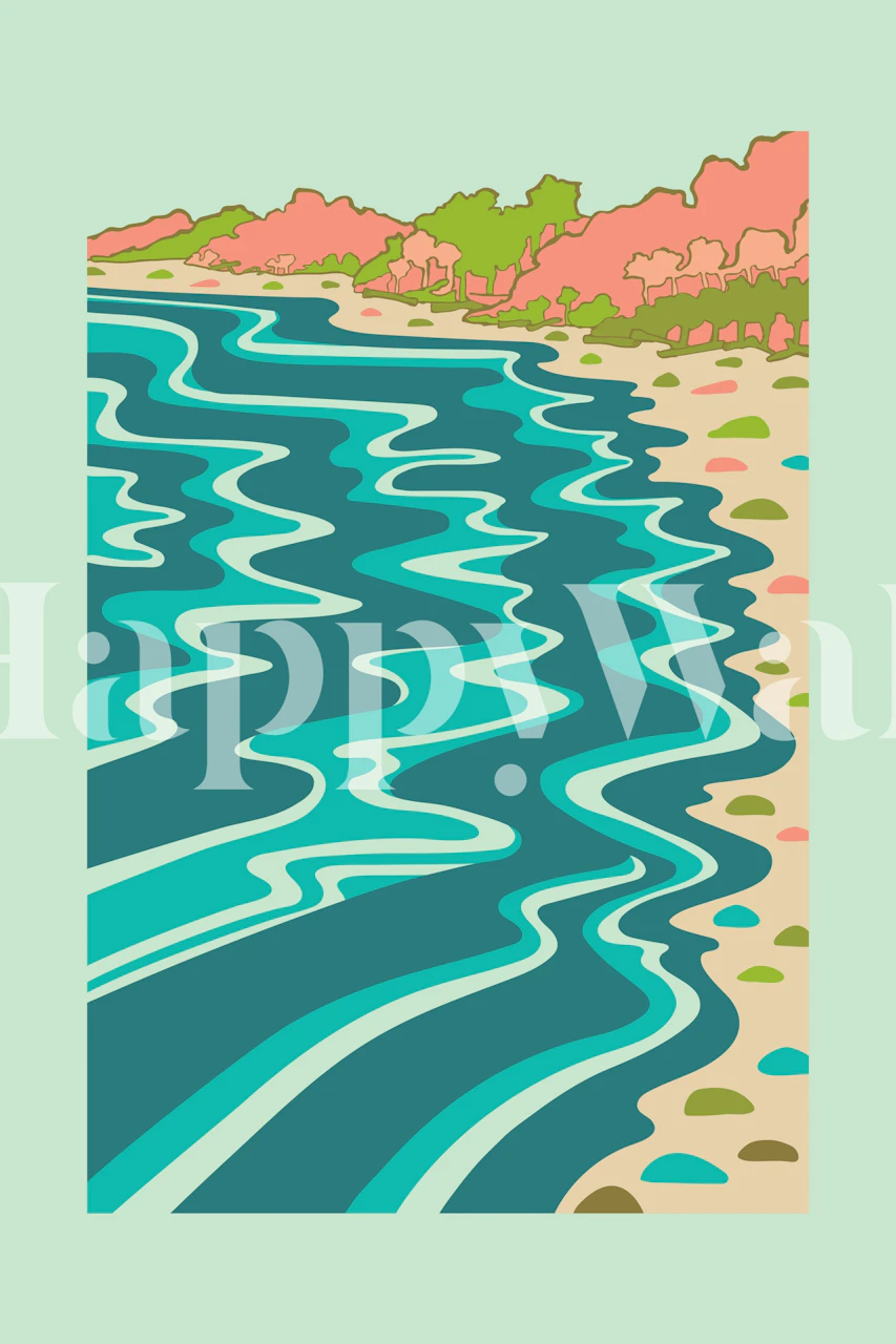 Coastal beach with waves and rocks in pastel colors wallpaper