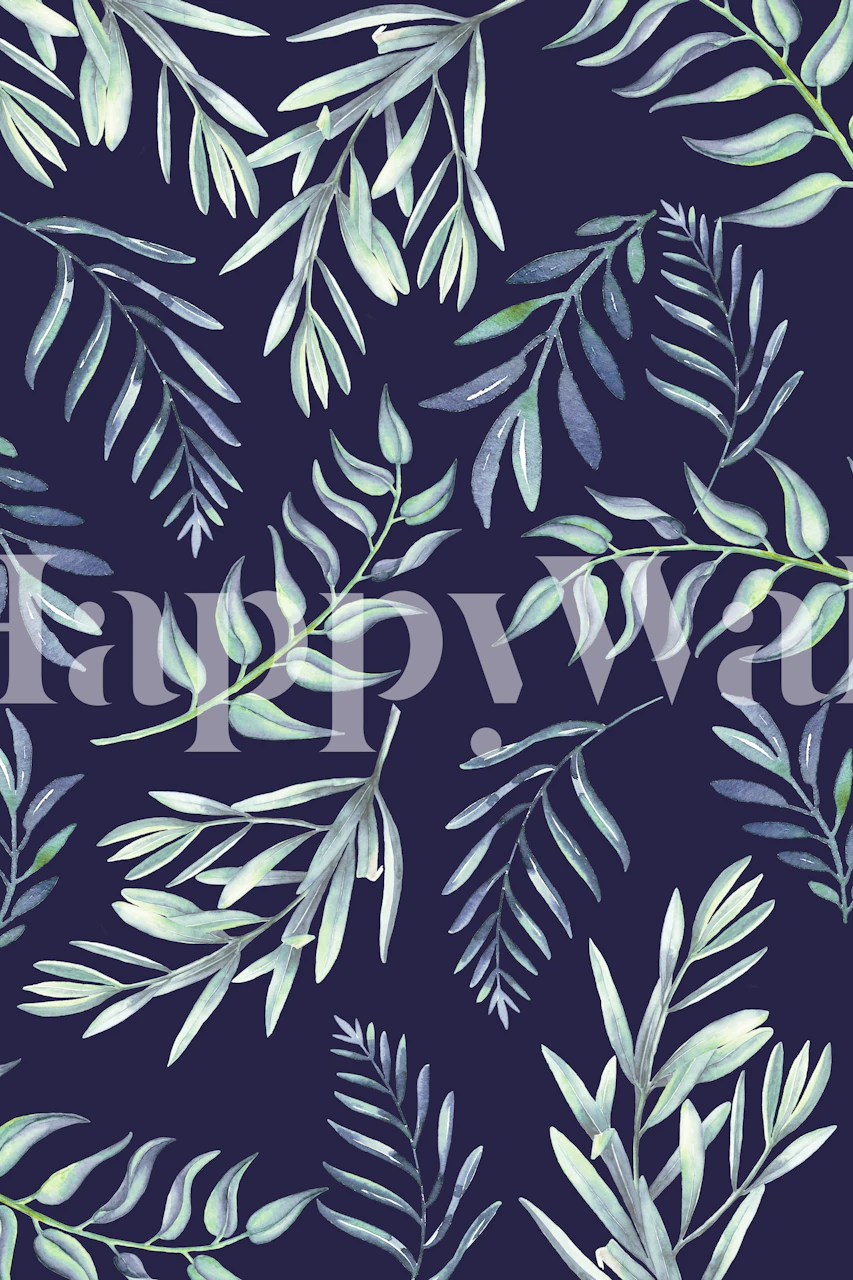 Papier peint Floating Leaves Blue avec feuillage stylisé sur fond bleu foncé