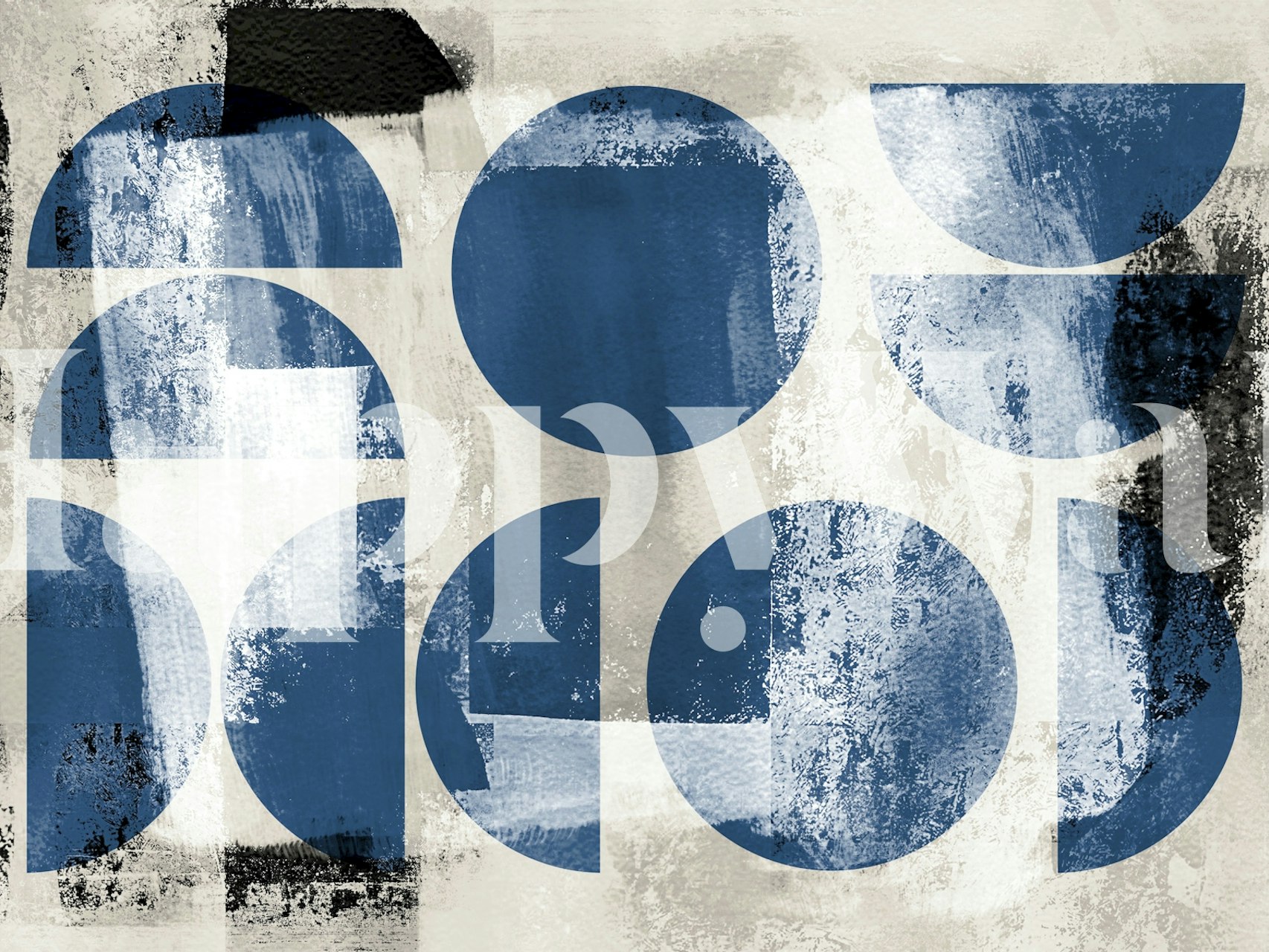 Mid-century Bauhaus industrial style wall mural with blue geometric shapes on a distressed background