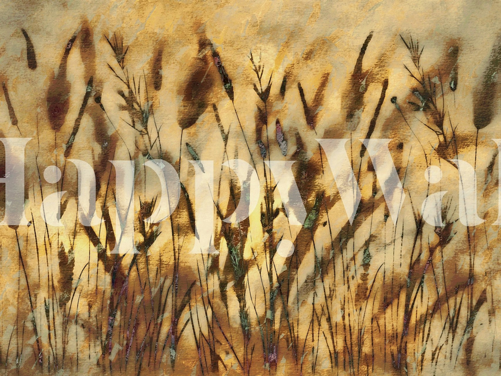 Warm-toned wall mural of sunlit grass at dusk
