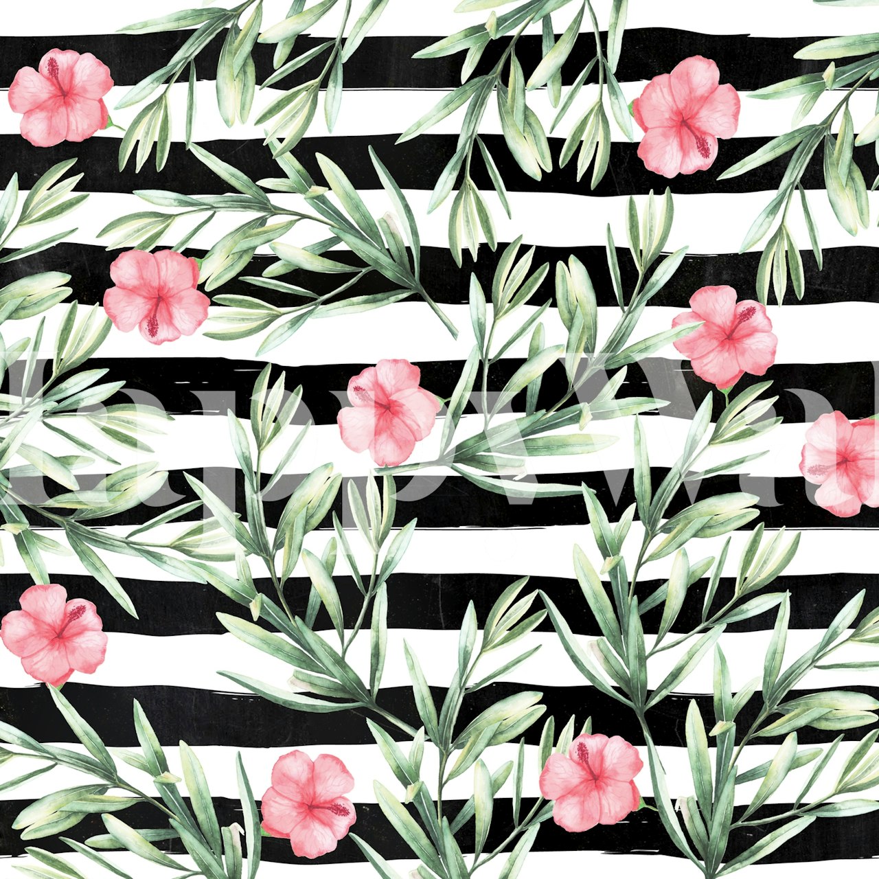 Pink hibiscus flowers with green leaves on black and white stripes wallpaper