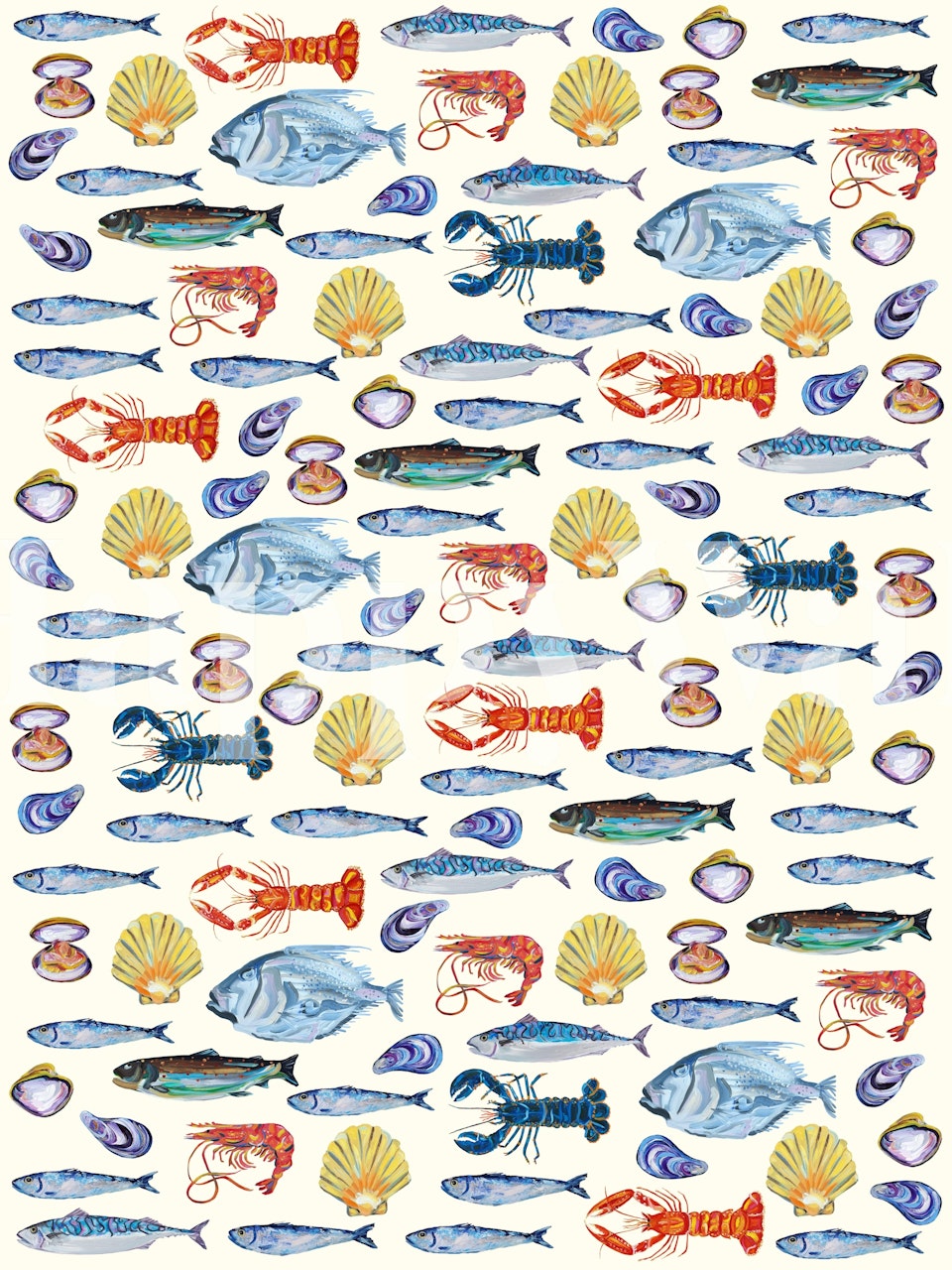 Illustratives Ozeanfischmuster-Wandbild mit verschiedenen Meeresbewohnern auf hellem Hintergrund