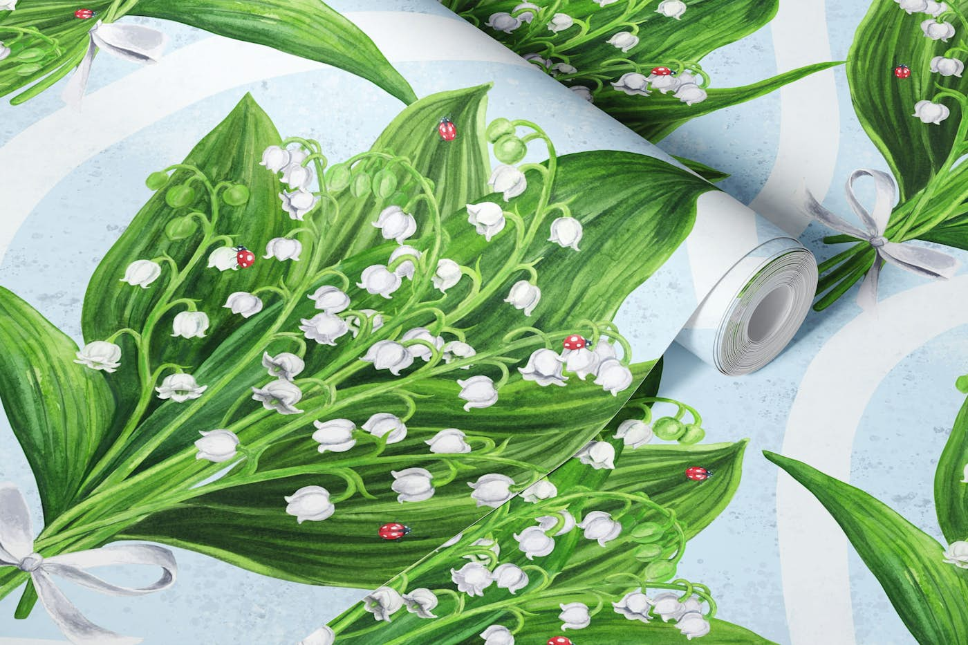 Bouquet of lily of the valley on blue wallpaper roll