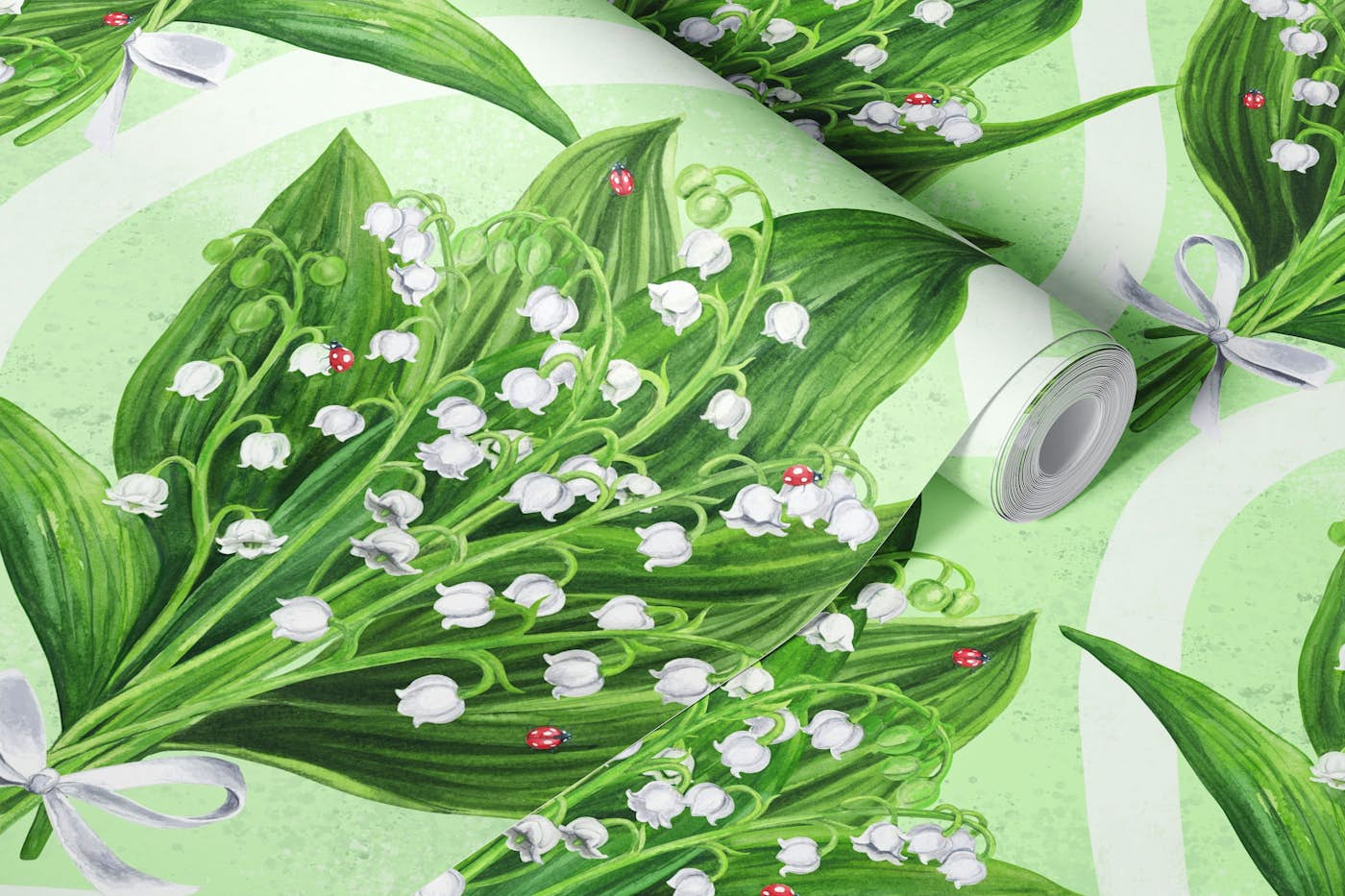 Bouquet of lily of the valley on green wallpaper roll