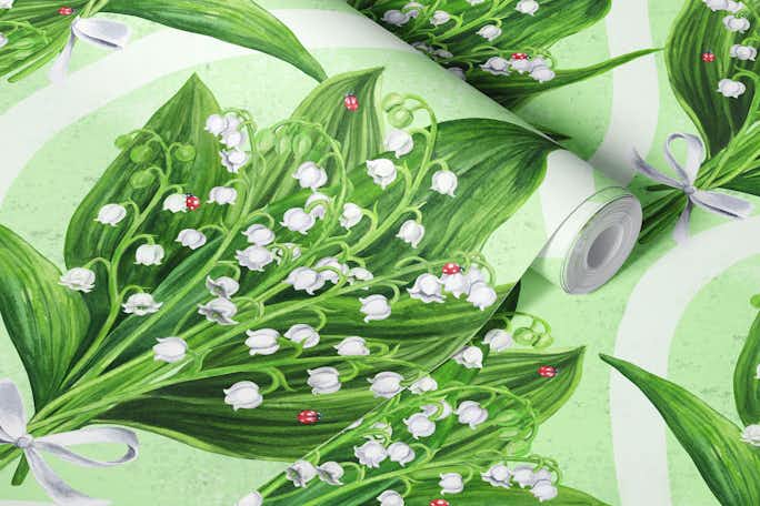 Bouquet of lily of the valley on greenwallpaper roll