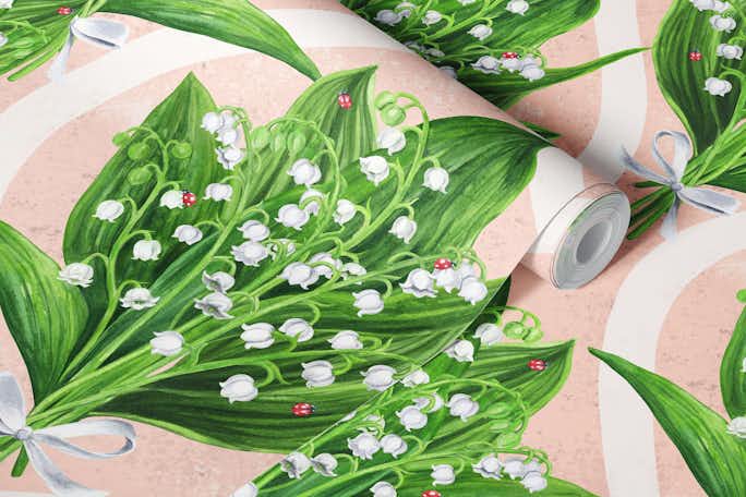 Bouquet of lily of the valley on pinkwallpaper roll