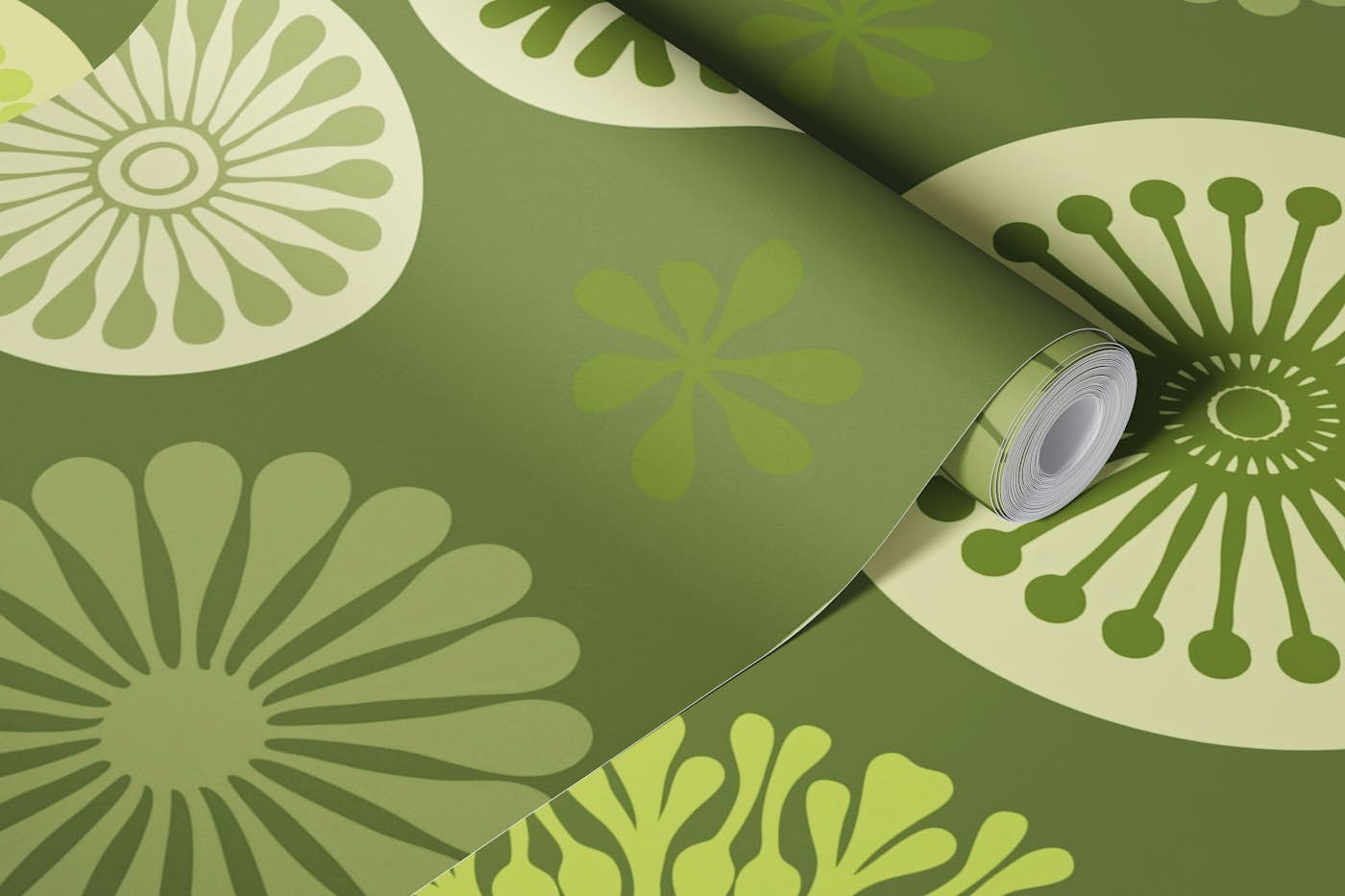 Retro Vibe Stylized Flowers Green wallpaper roll