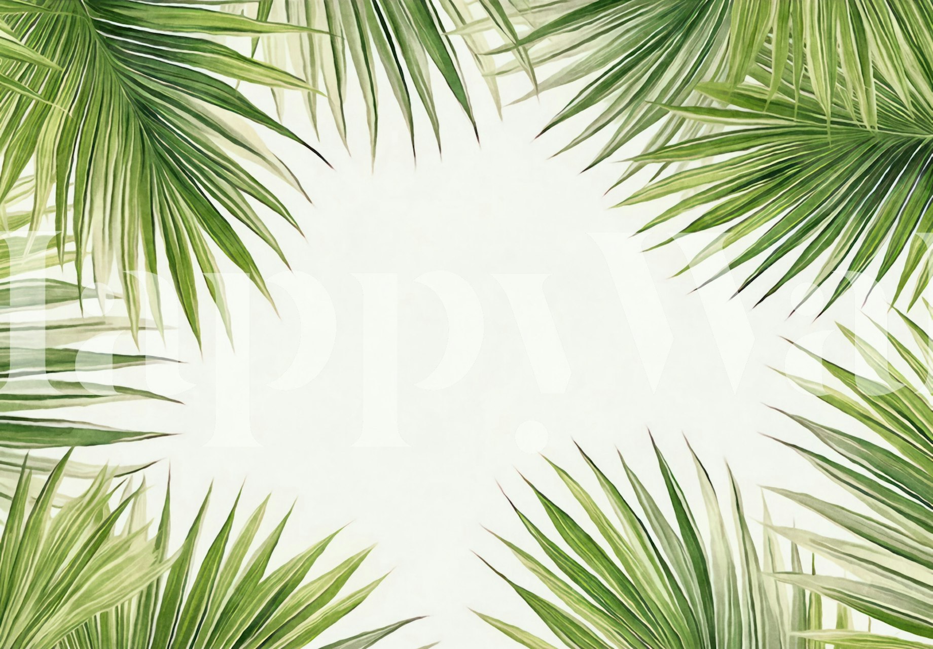 Carta da parati a tema oasi tropicale con una cornice di foglie di palma verdi su uno sfondo chiaro