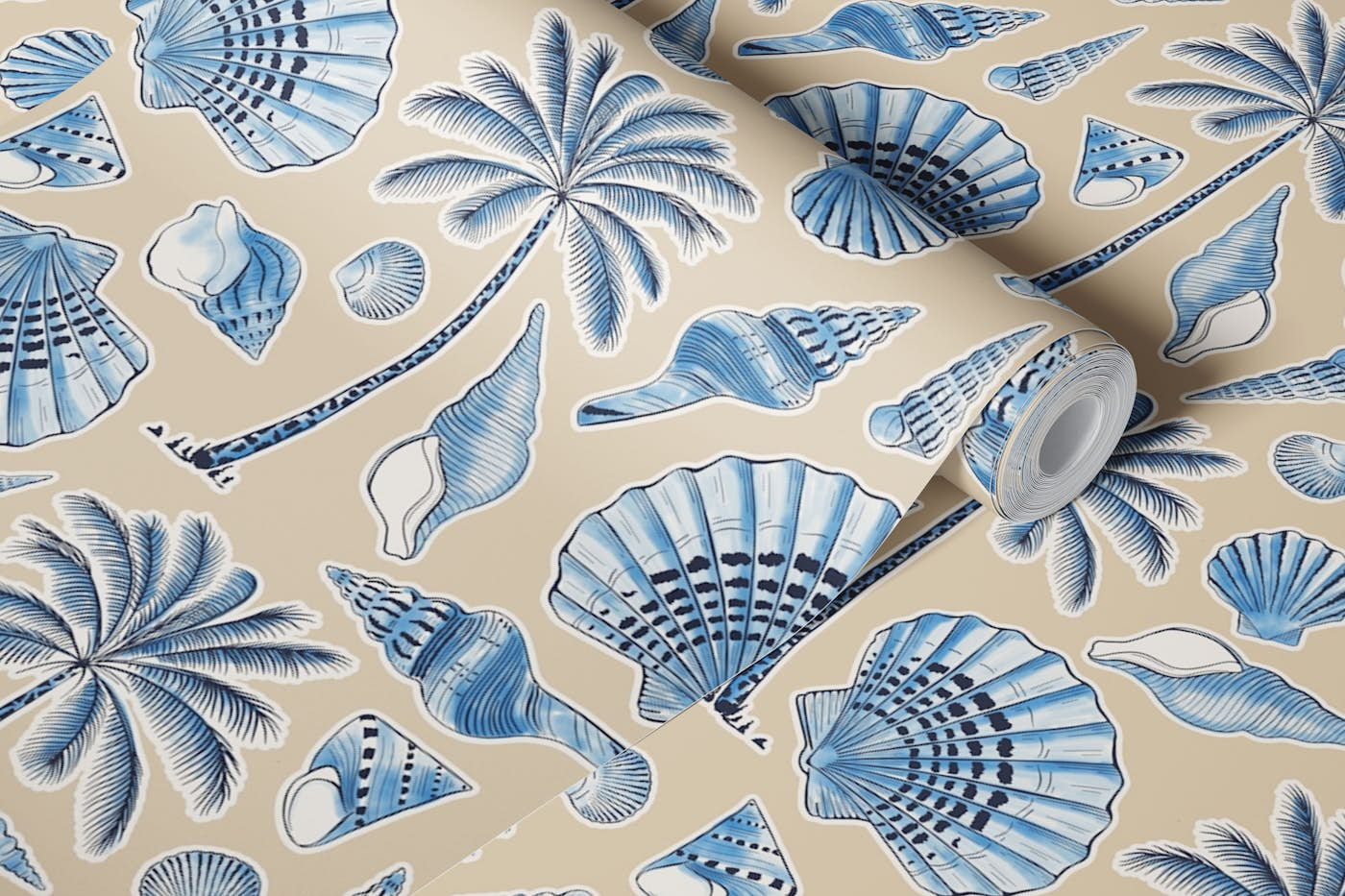 Seashells and palm trees sand wallpaper roll