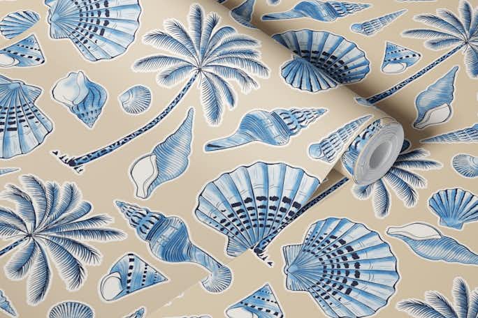 Seashells and palm trees sandwallpaper roll