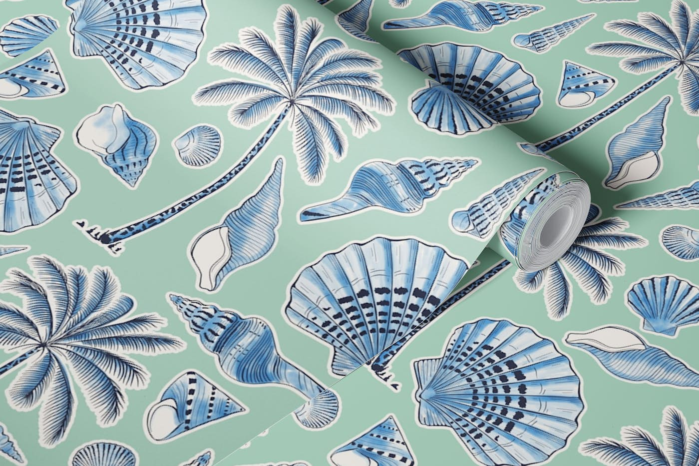 Seashells and palm trees soft mint wallpaper roll