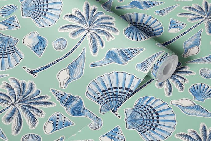 Seashells and palm trees soft mintwallpaper roll