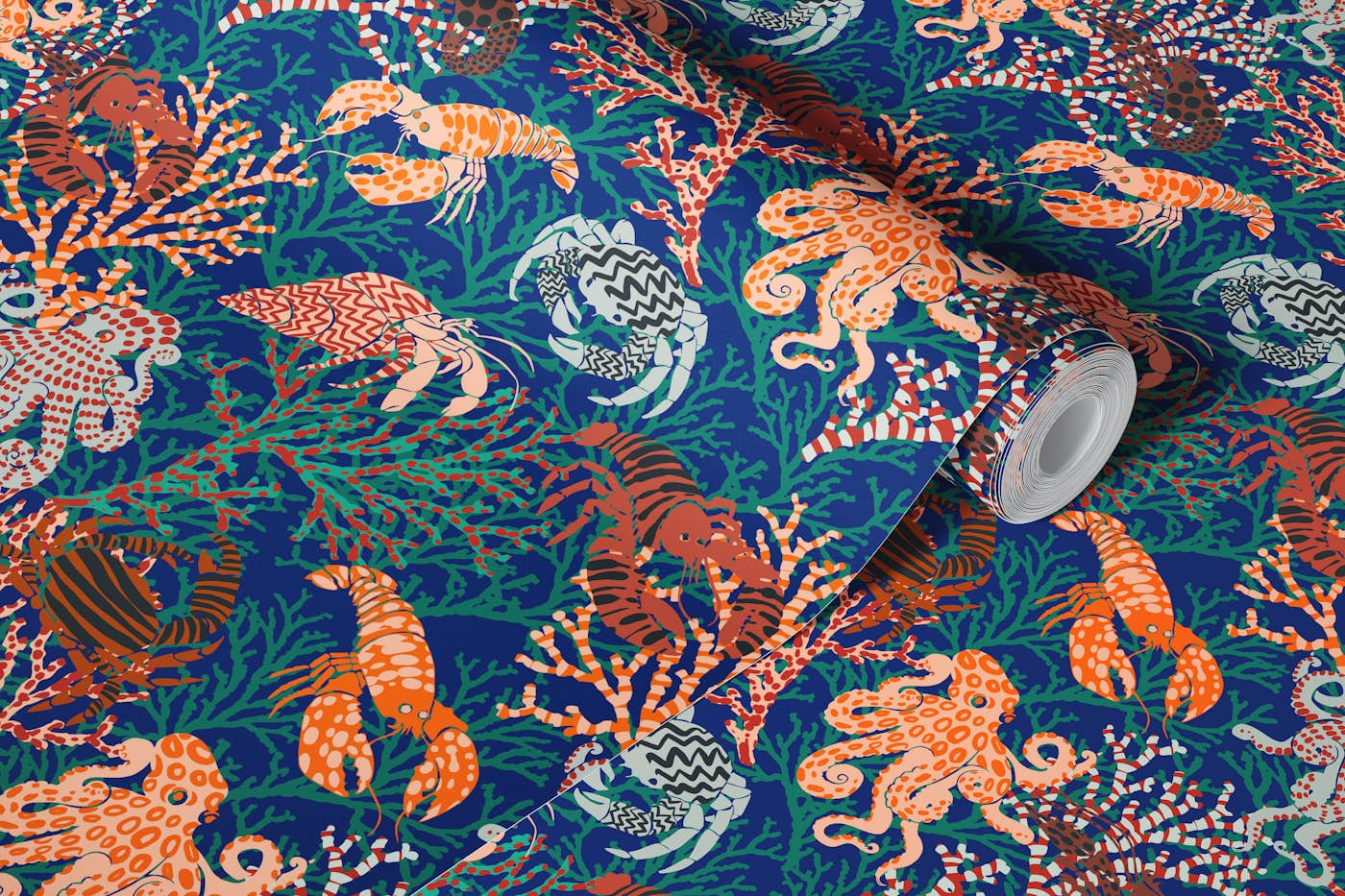 Vibrant coral reef blue and orange wallpaper roll