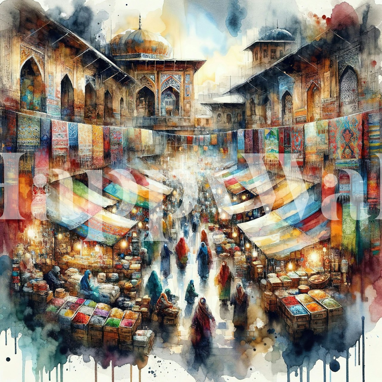Vibrant bazaar market scene wallpaper with colorful tents and shoppers