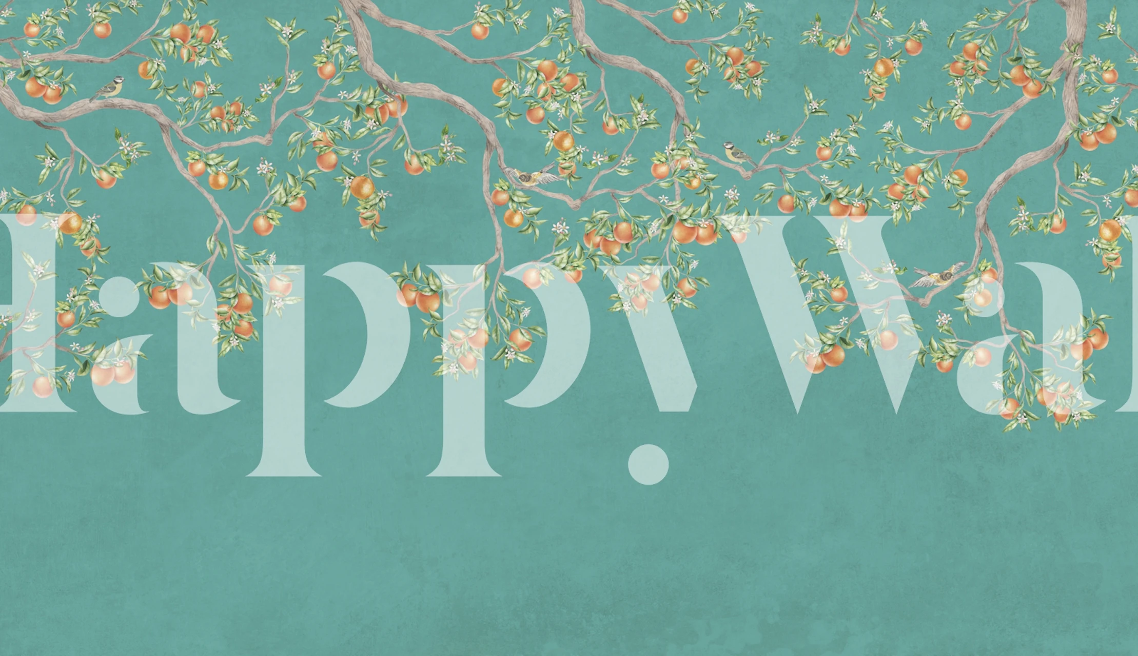 Turquoise tangerine bloemen takken, groene achtergrond, botanisch wallpaper