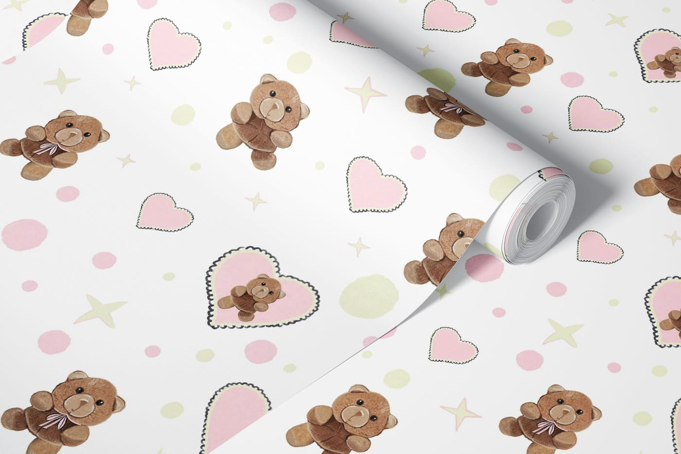 Teddy bear with hearts wallpaper roll