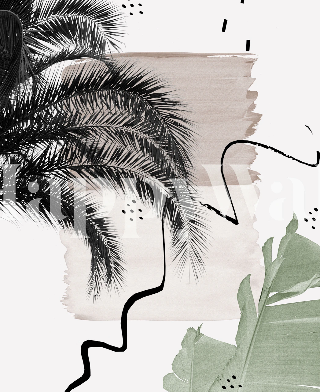 Illustratie van bananenpalmbladeren met artistieke neutrale lijnen op een fotobehang