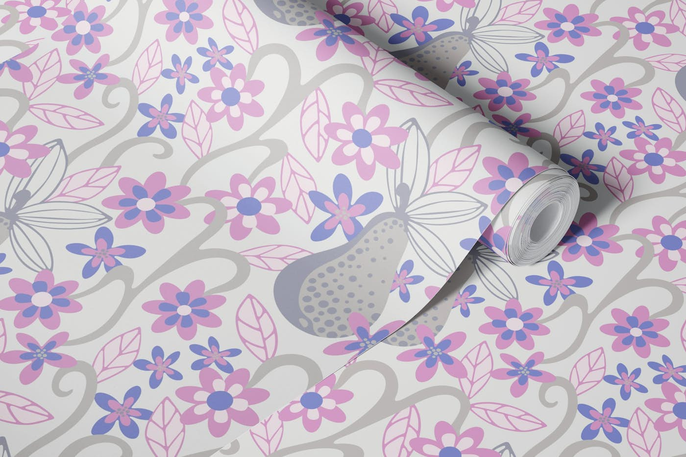 FORBIDDEN FRUIT Fantasy Floral - Pink Gray wallpaper roll